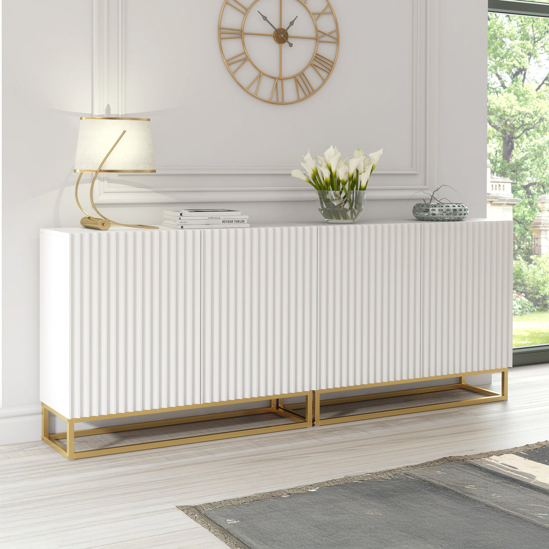 Sideboard Cabinet – 200cm – Fluted Doors – Push to Open – Gold Base – VESTA Collection