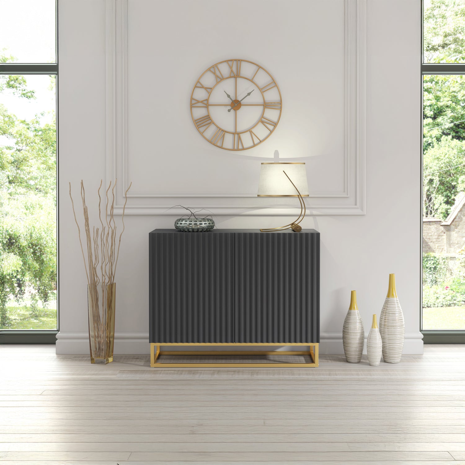Sideboard Cabinet – 100cm – Fluted Doors – Push to Open – Gold Base – VESTA Collection