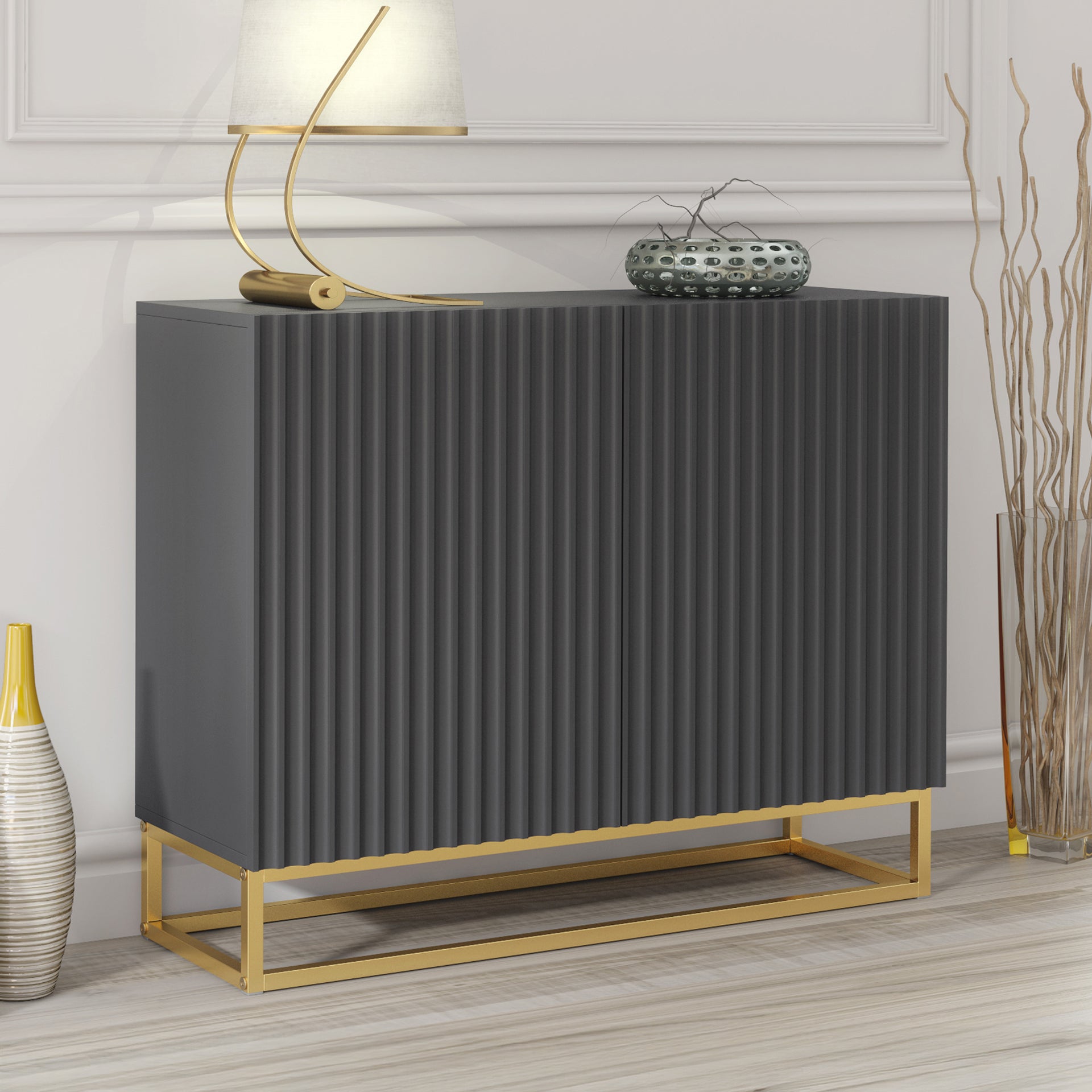 Sideboard Cabinet – 100cm – Fluted Doors – Push to Open – Gold Base – VESTA Collection