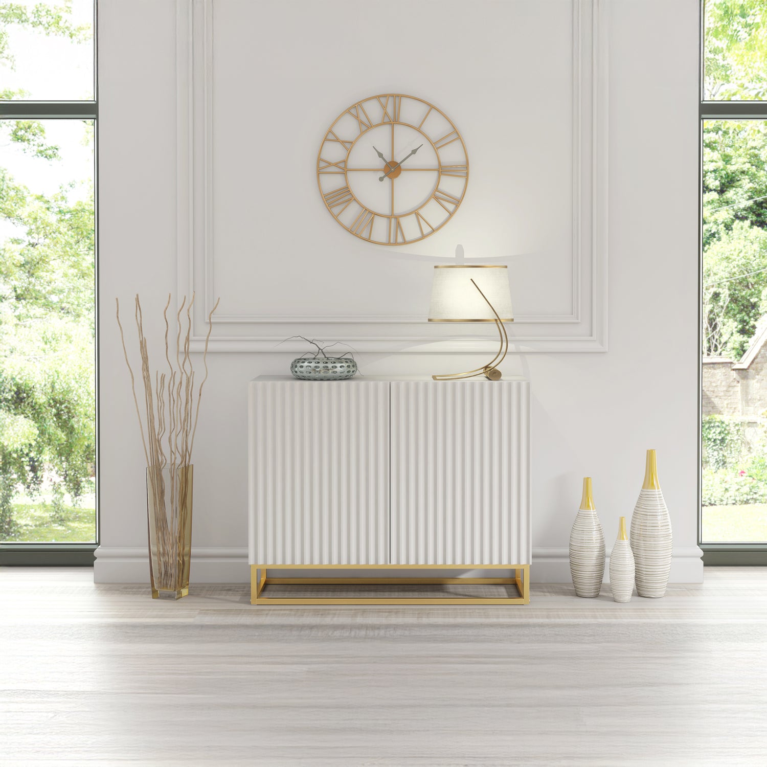 Sideboard Cabinet – 100cm – Fluted Doors – Push to Open – Gold Base – VESTA Collection