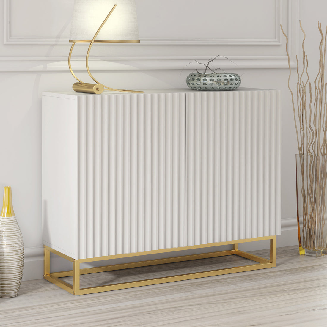 Sideboard Cabinet – 100cm – Fluted Doors – Push to Open – Gold Base – VESTA Collection