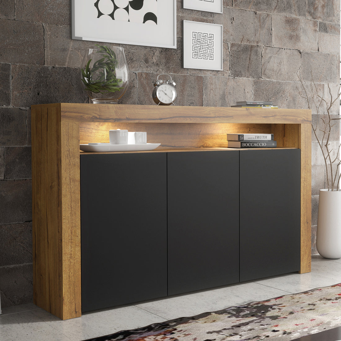 Sideboard Cabinet – 155cm – High Gloss Doors – LED or Non-LED – Modern Storage Unit – LUNARO