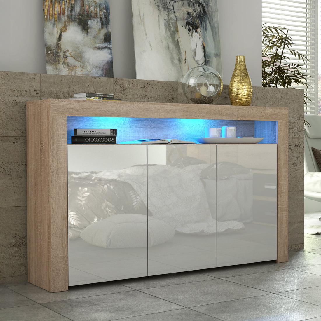 Sideboard Cabinet – 155cm – High Gloss Doors – LED or Non-LED – Modern Storage Unit – LUNARO