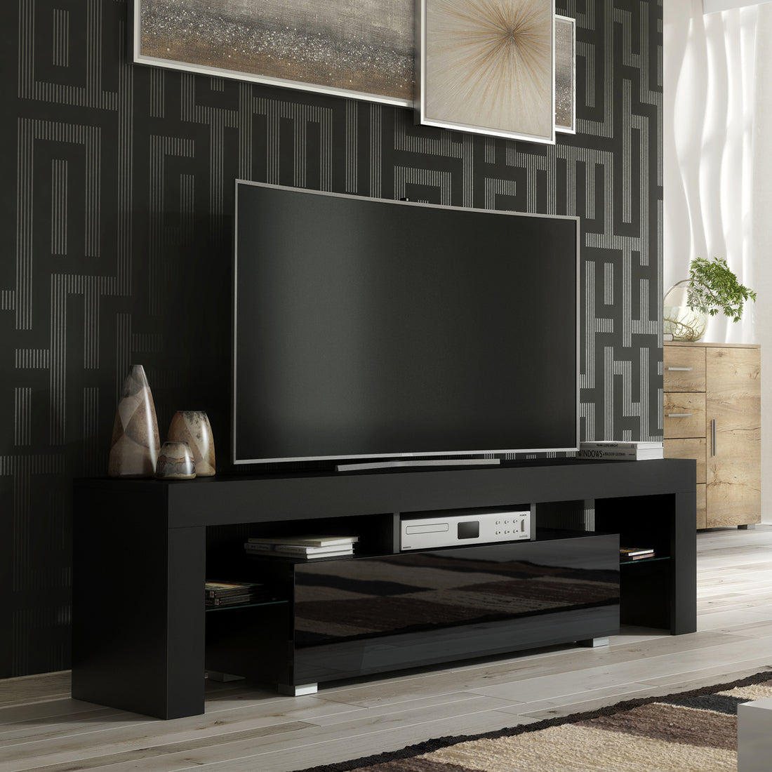 TV Stand – 160cm – High Gloss Doors – LED or Non-LED – Modern Media Unit – LUNARO