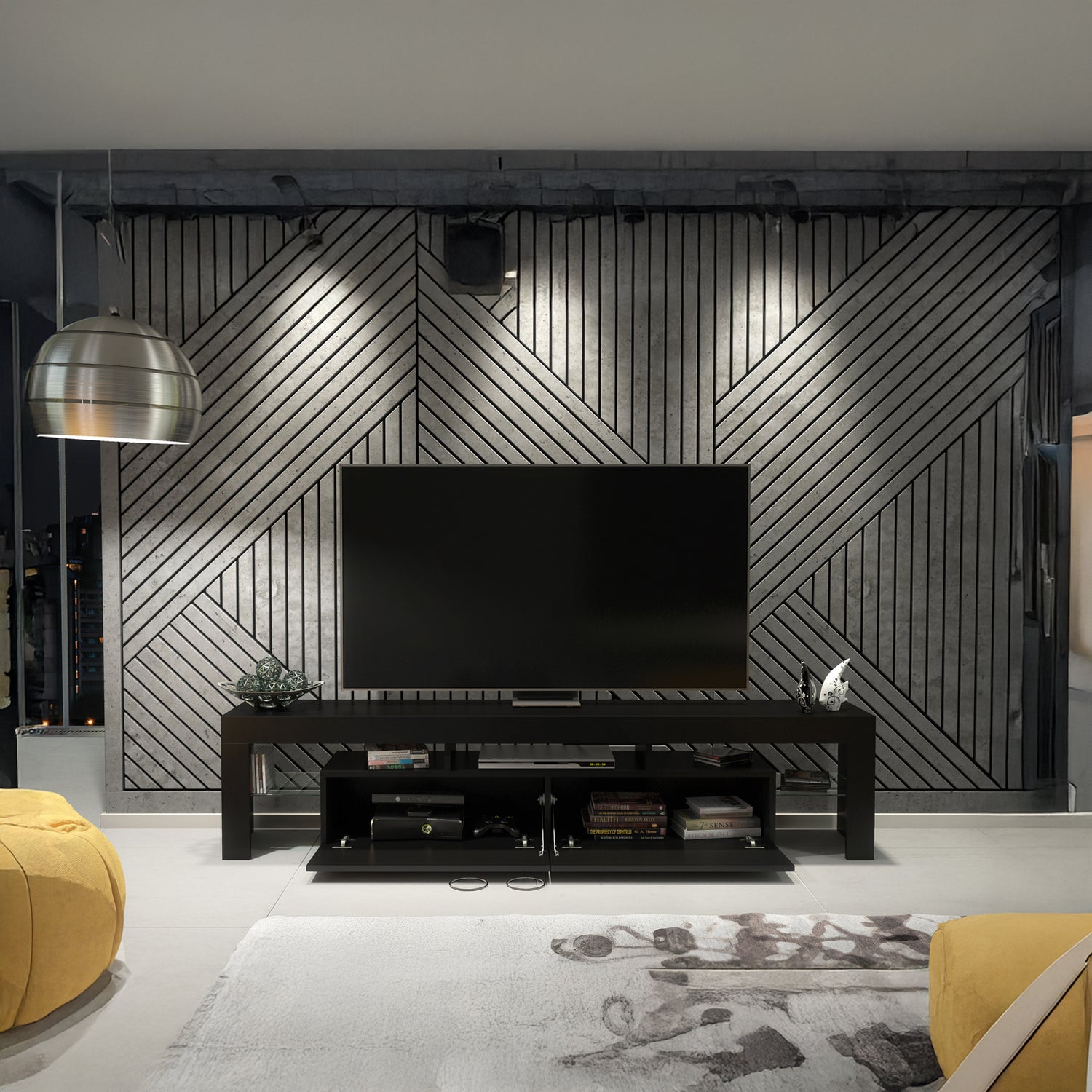 TV Stand – 200cm – High Gloss Doors – LED or Non-LED – Extra-Wide Modern Media Cabinet – LUNARO