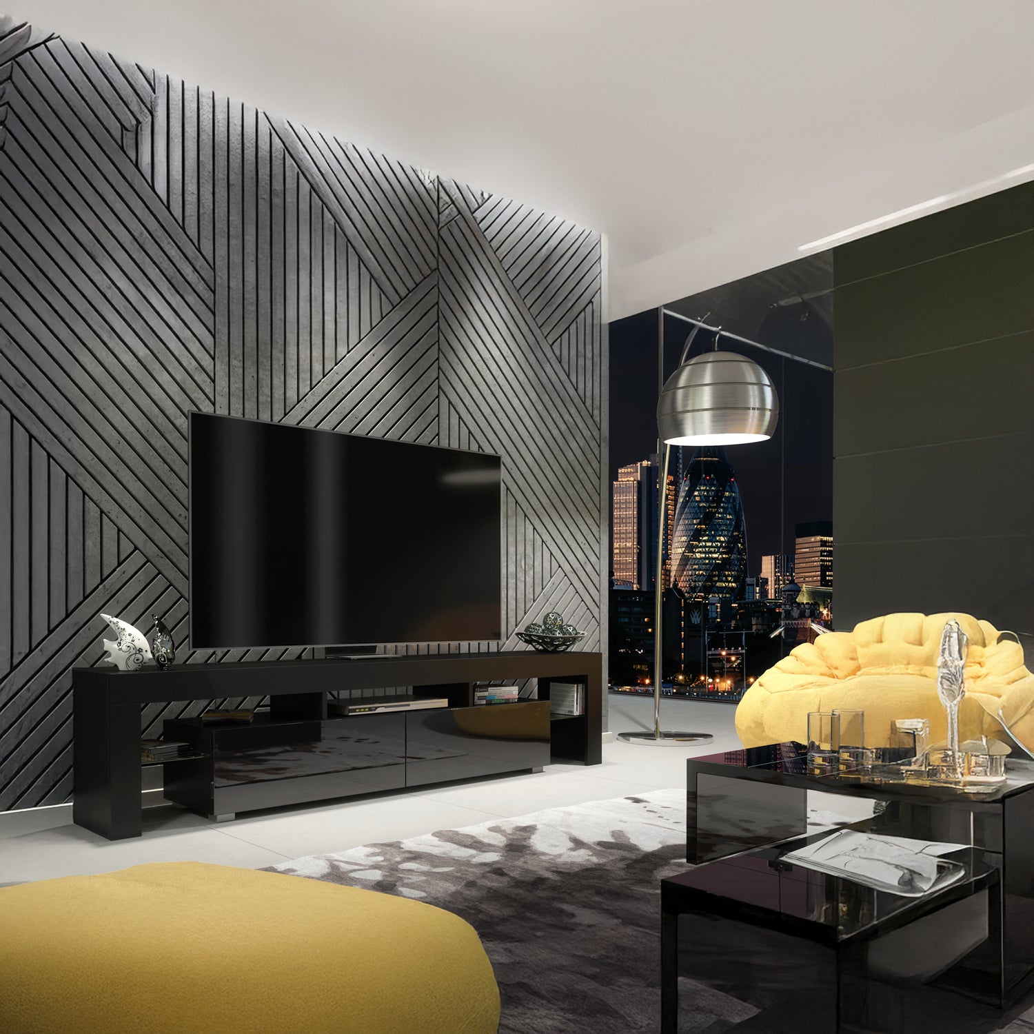 TV Stand – 200cm – High Gloss Doors – LED or Non-LED – Extra-Wide Modern Media Cabinet – LUNARO