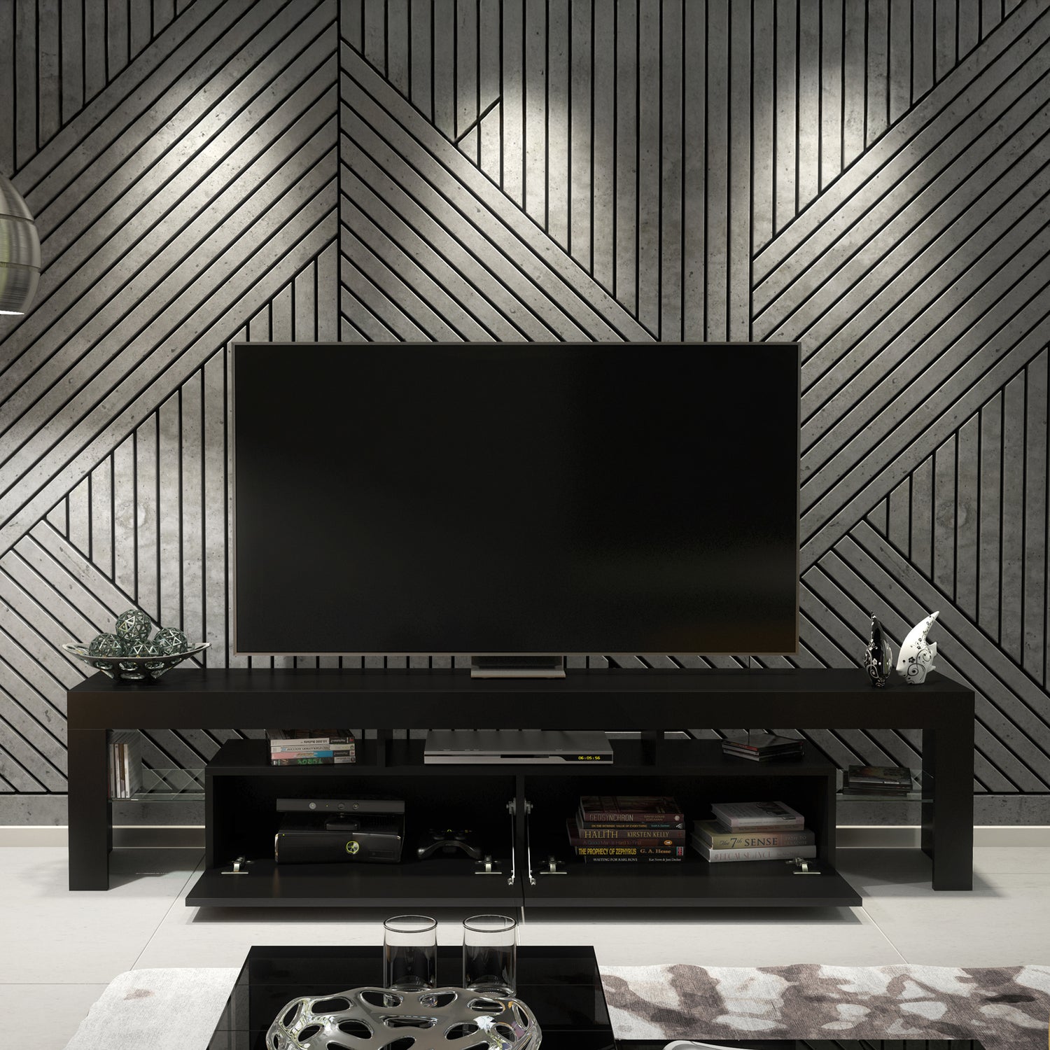 TV Stand – 200cm – High Gloss Doors – LED or Non-LED – Extra-Wide Modern Media Cabinet – LUNARO