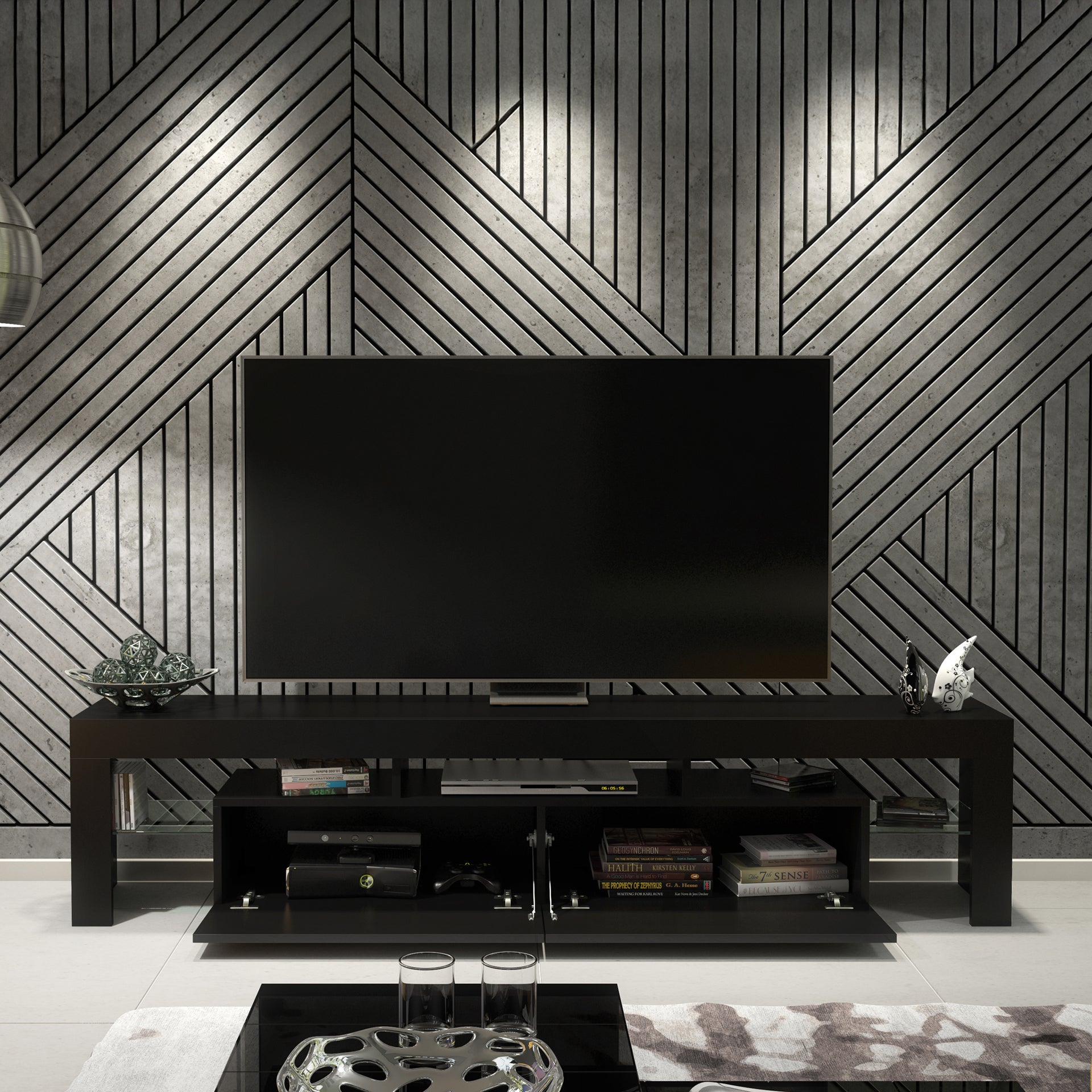 TV Stand – 200cm – High Gloss Doors – LED or Non-LED – Extra-Wide Modern Media Cabinet – LUNARO
