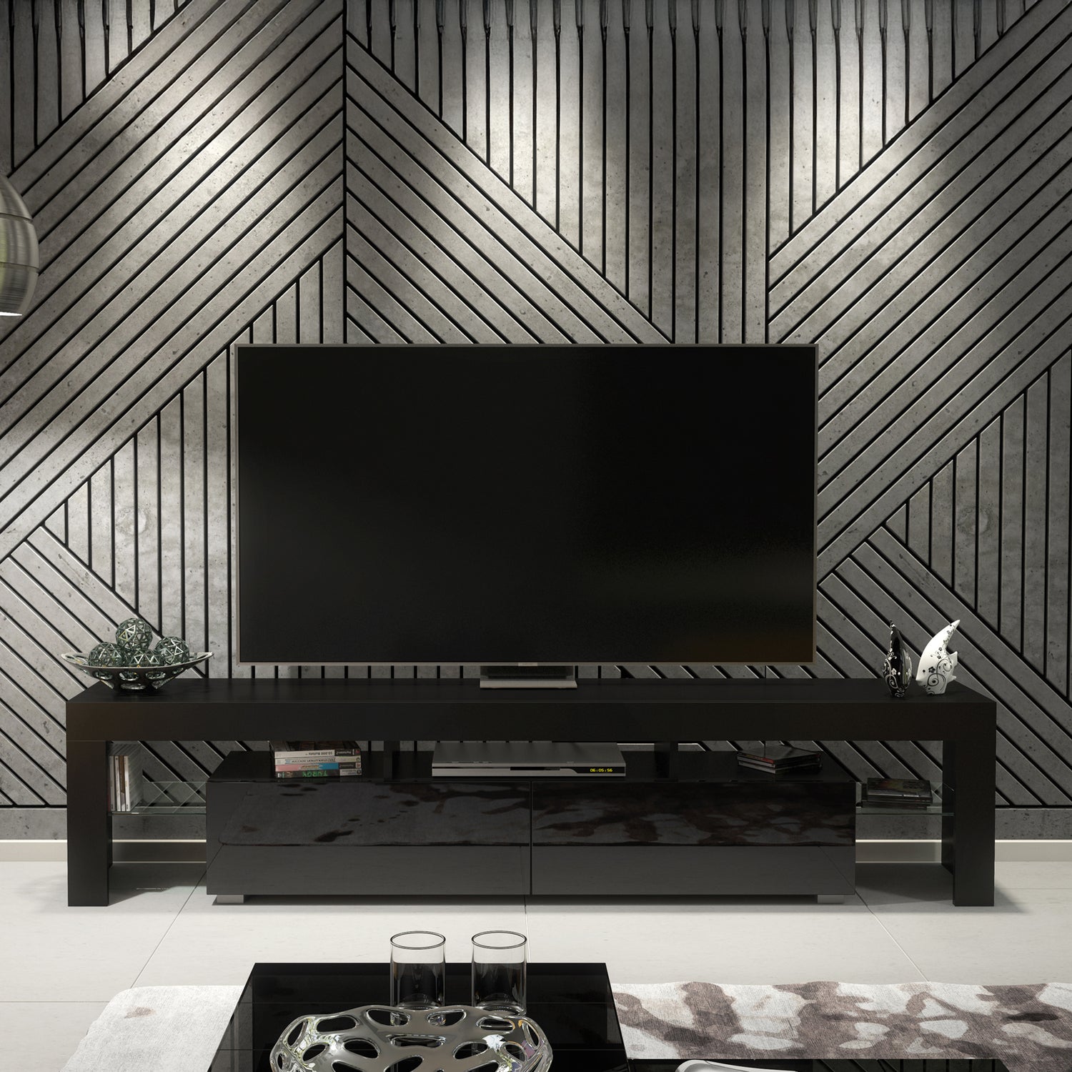 TV Stand – 200cm – High Gloss Doors – LED or Non-LED – Extra-Wide Modern Media Cabinet – LUNARO