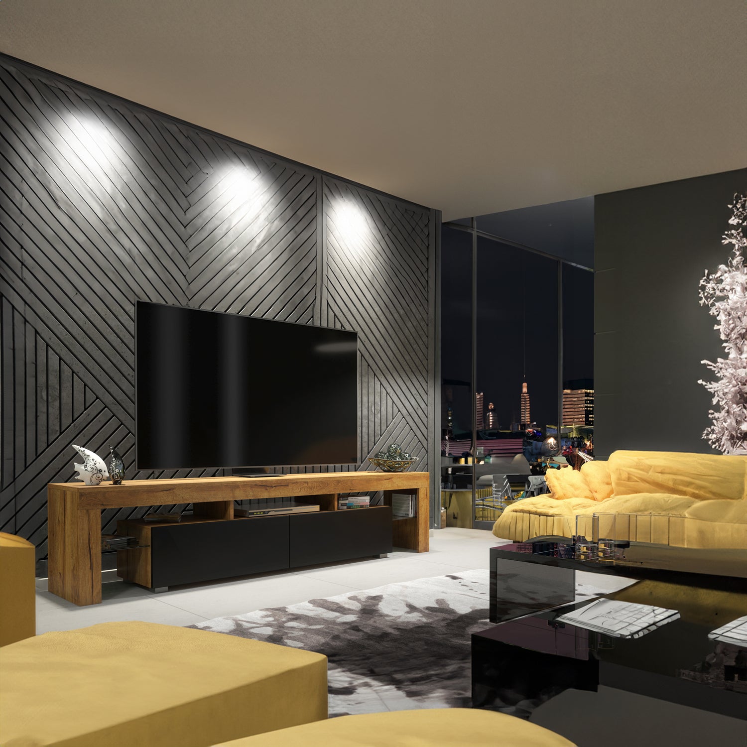 TV Stand – 200cm – High Gloss Doors – LED or Non-LED – Extra-Wide Modern Media Cabinet – LUNARO