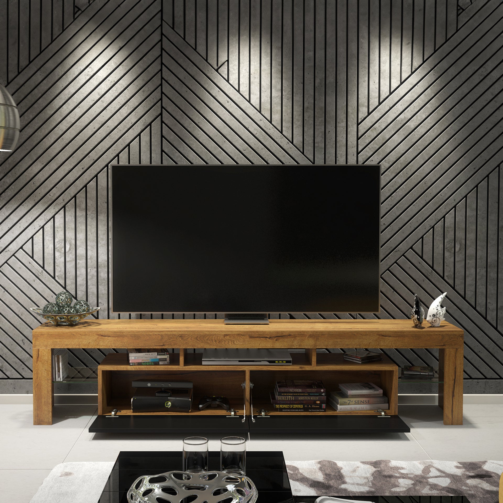 TV Stand – 200cm – High Gloss Doors – LED or Non-LED – Extra-Wide Modern Media Cabinet – LUNARO