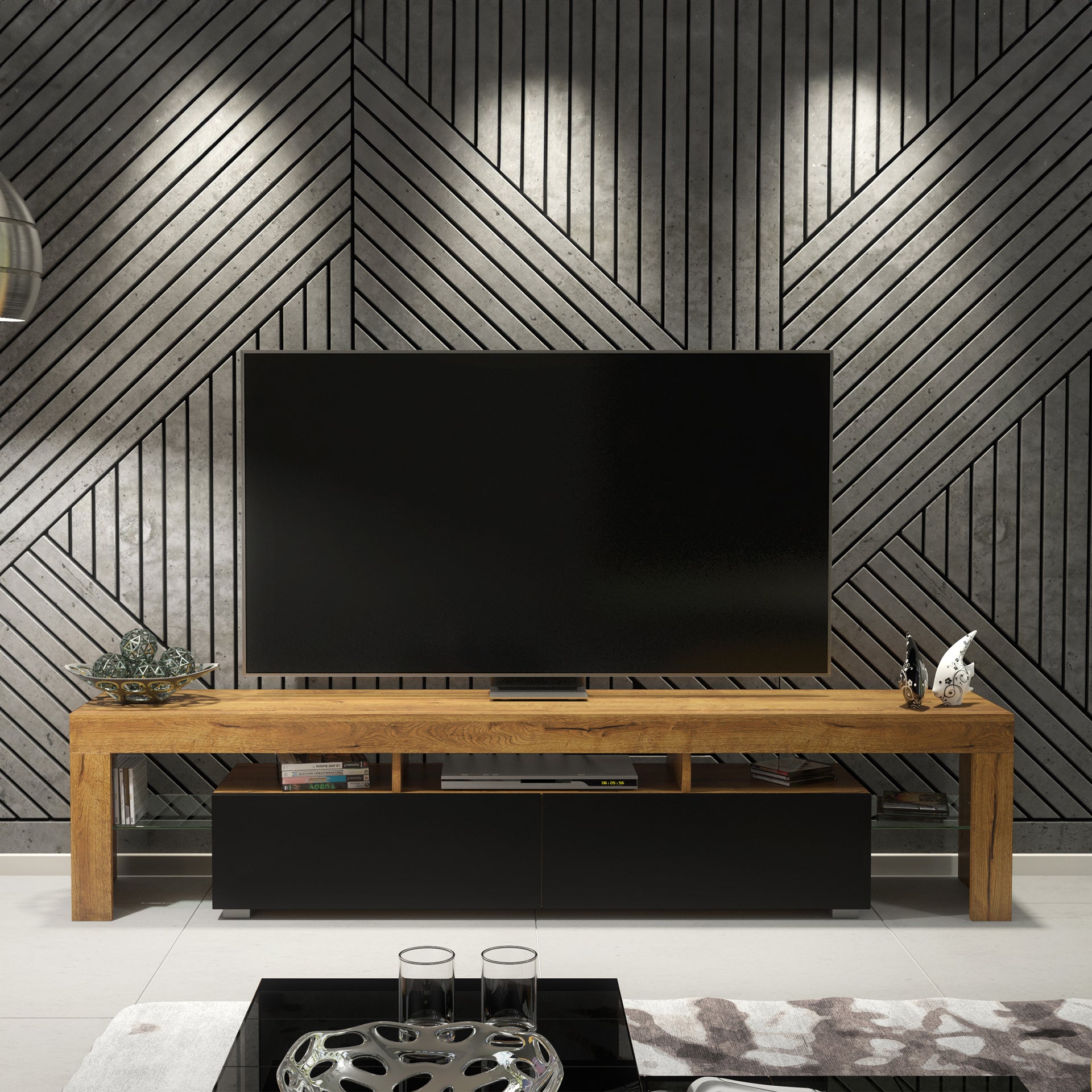 TV Stand – 200cm – High Gloss Doors – LED or Non-LED – Extra-Wide Modern Media Cabinet – LUNARO