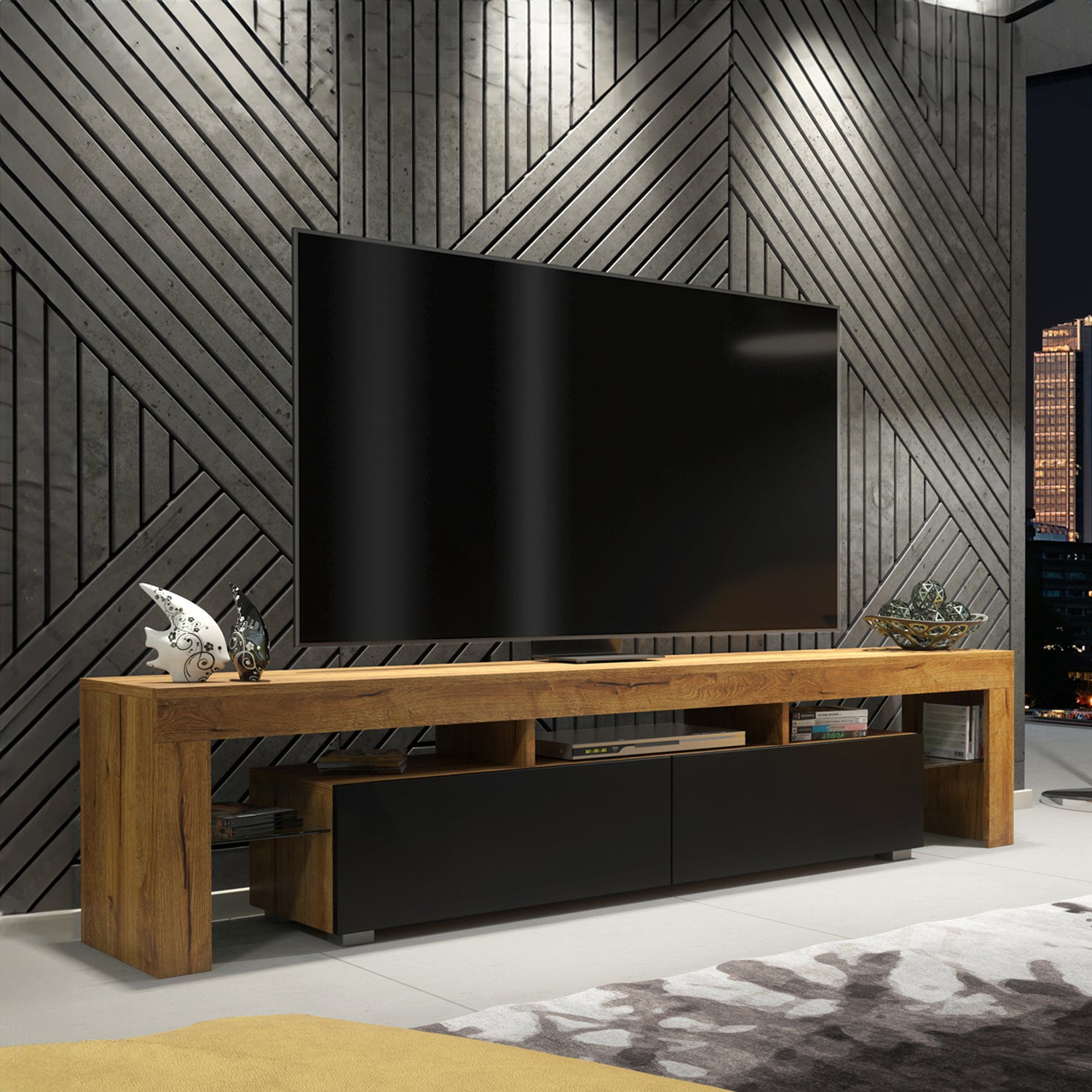 TV Stand – 200cm – High Gloss Doors – LED or Non-LED – Extra-Wide Modern Media Cabinet – LUNARO