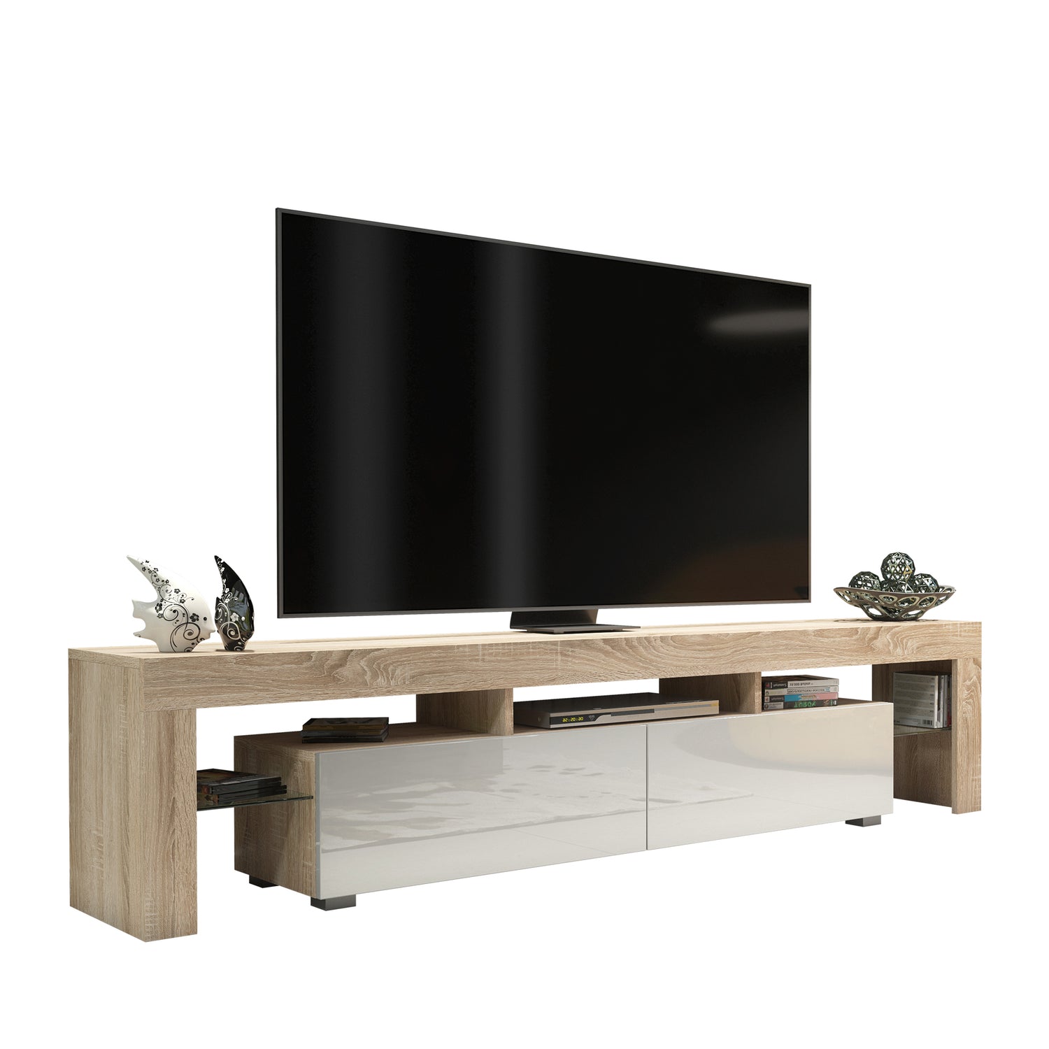 TV Stand – 200cm – High Gloss Doors – LED or Non-LED – Extra-Wide Modern Media Cabinet – LUNARO