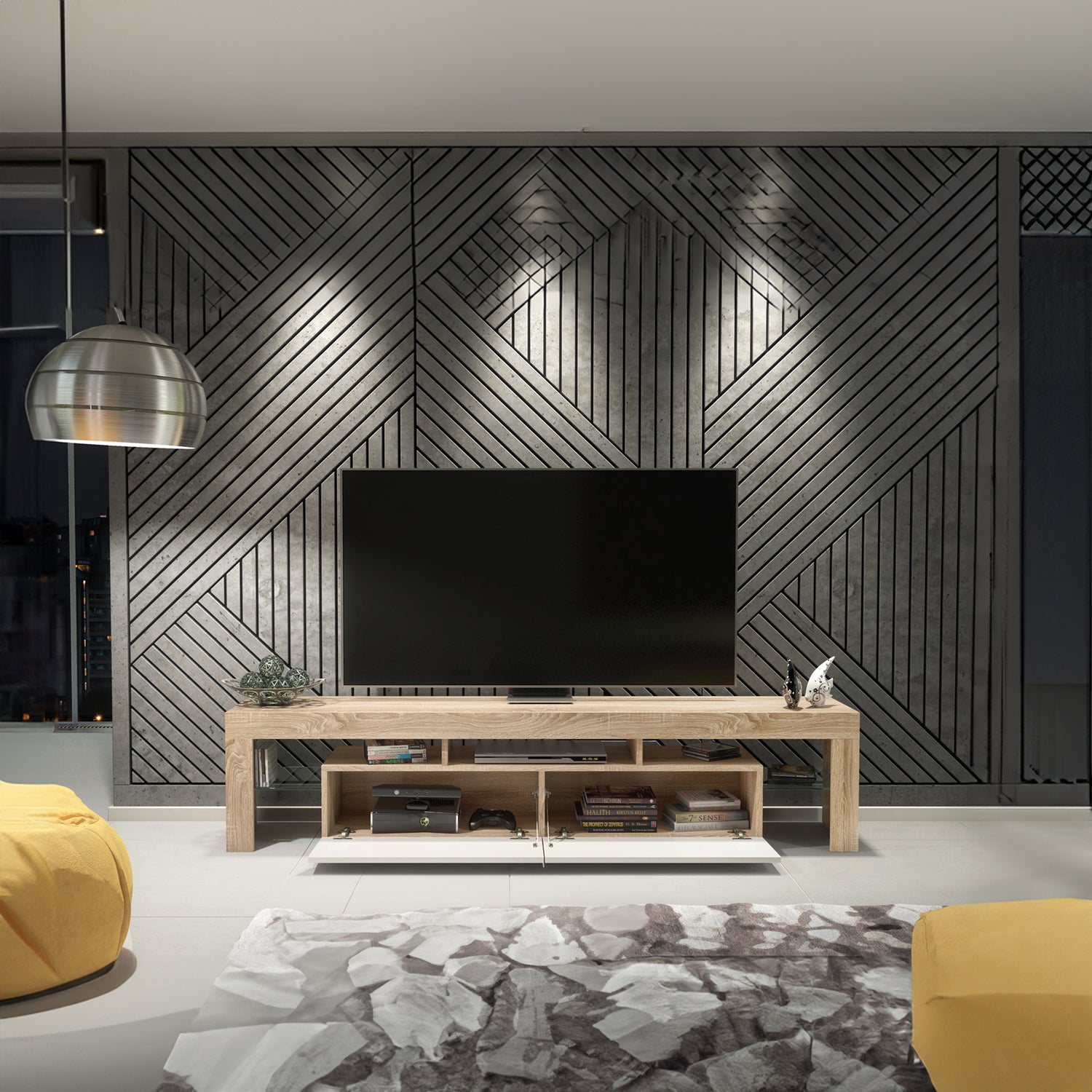TV Stand – 200cm – High Gloss Doors – LED or Non-LED – Extra-Wide Modern Media Cabinet – LUNARO