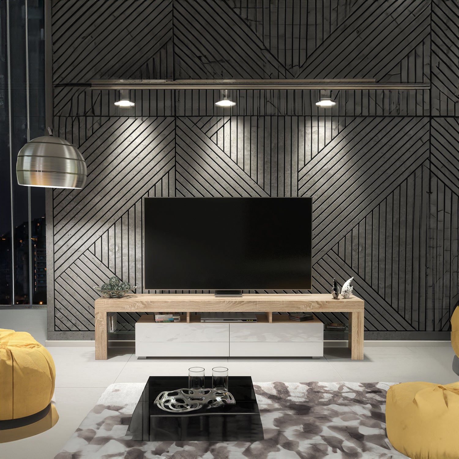 TV Stand – 200cm – High Gloss Doors – LED or Non-LED – Extra-Wide Modern Media Cabinet – LUNARO