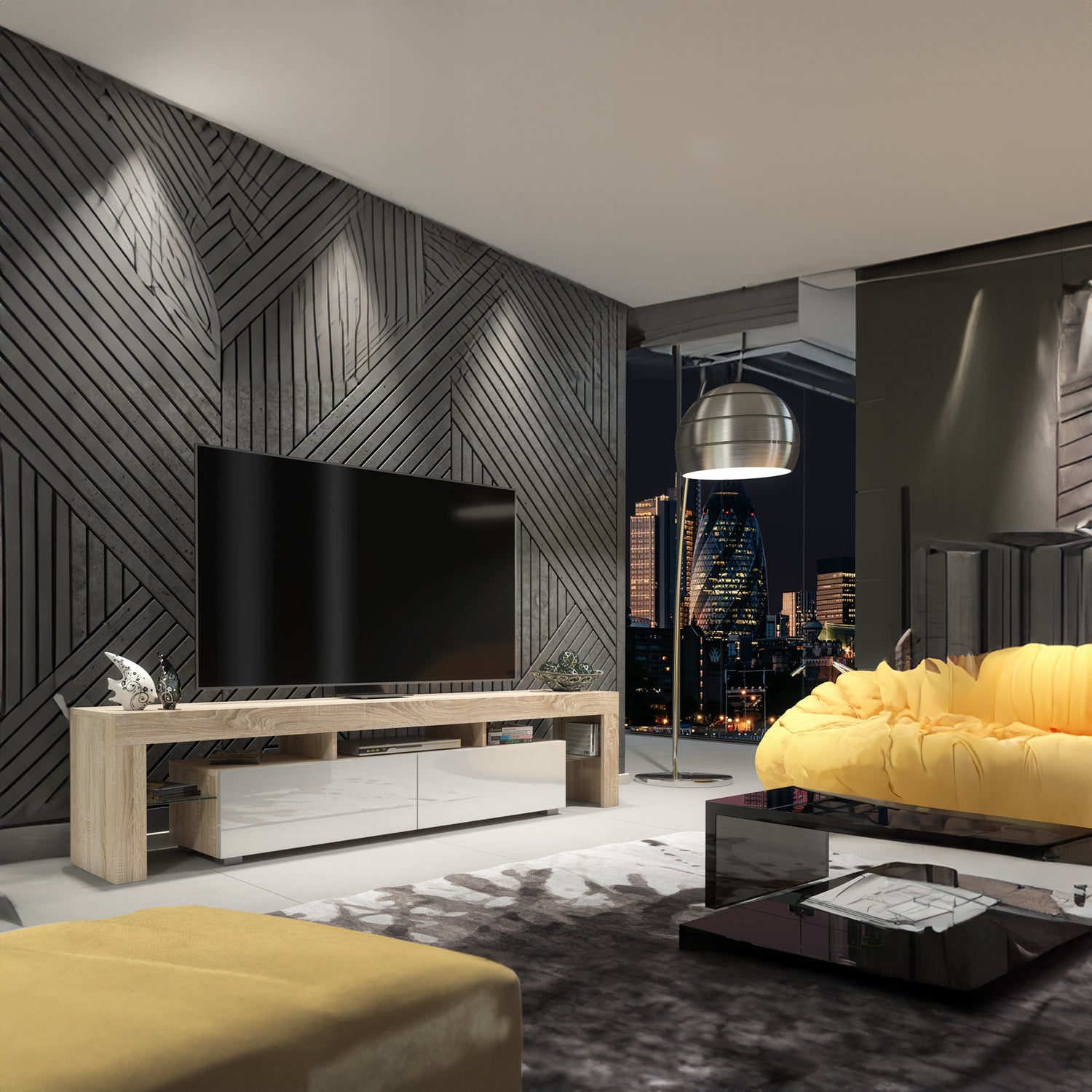 TV Stand – 200cm – High Gloss Doors – LED or Non-LED – Extra-Wide Modern Media Cabinet – LUNARO