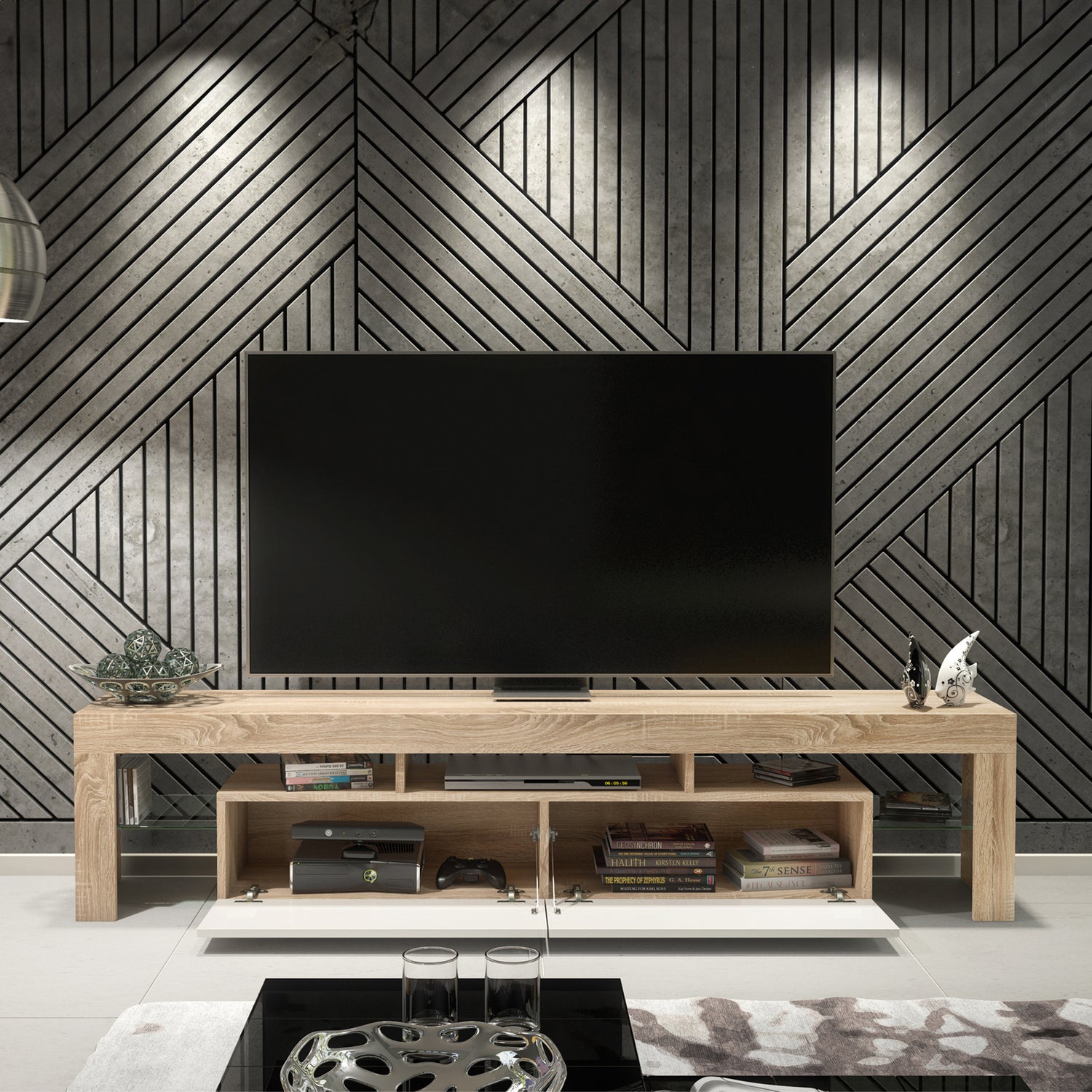 TV Stand – 200cm – High Gloss Doors – LED or Non-LED – Extra-Wide Modern Media Cabinet – LUNARO