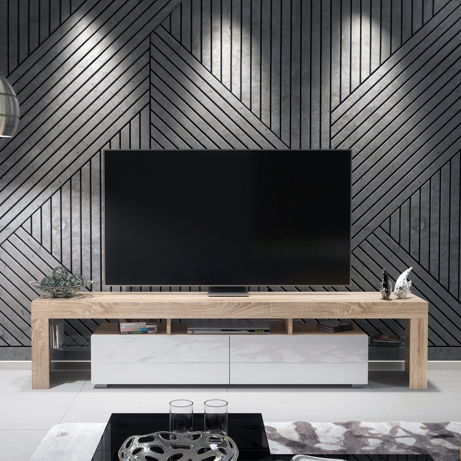 TV Stand – 200cm – High Gloss Doors – LED or Non-LED – Extra-Wide Modern Media Cabinet – LUNARO