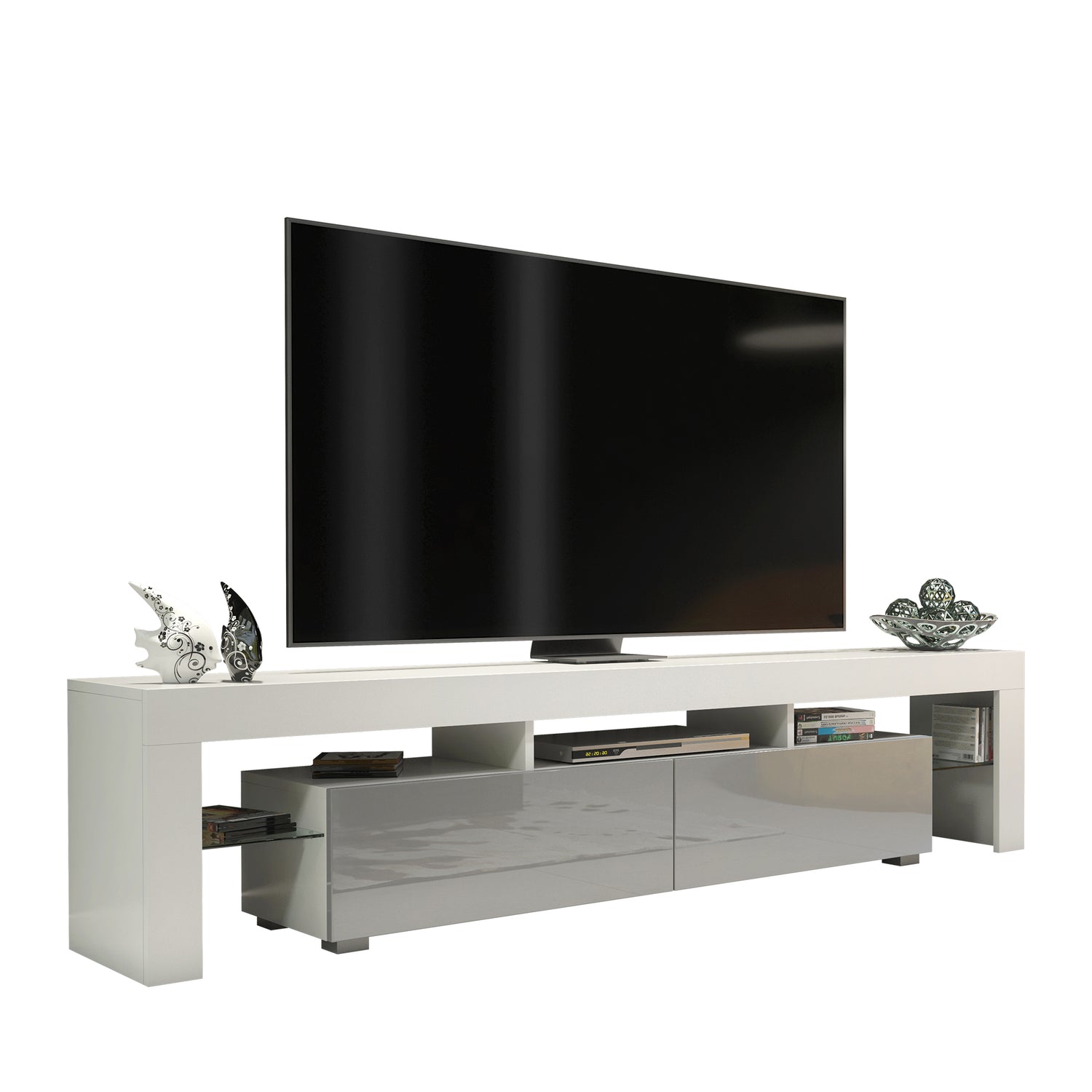 TV Stand – 200cm – High Gloss Doors – LED or Non-LED – Extra-Wide Modern Media Cabinet – LUNARO