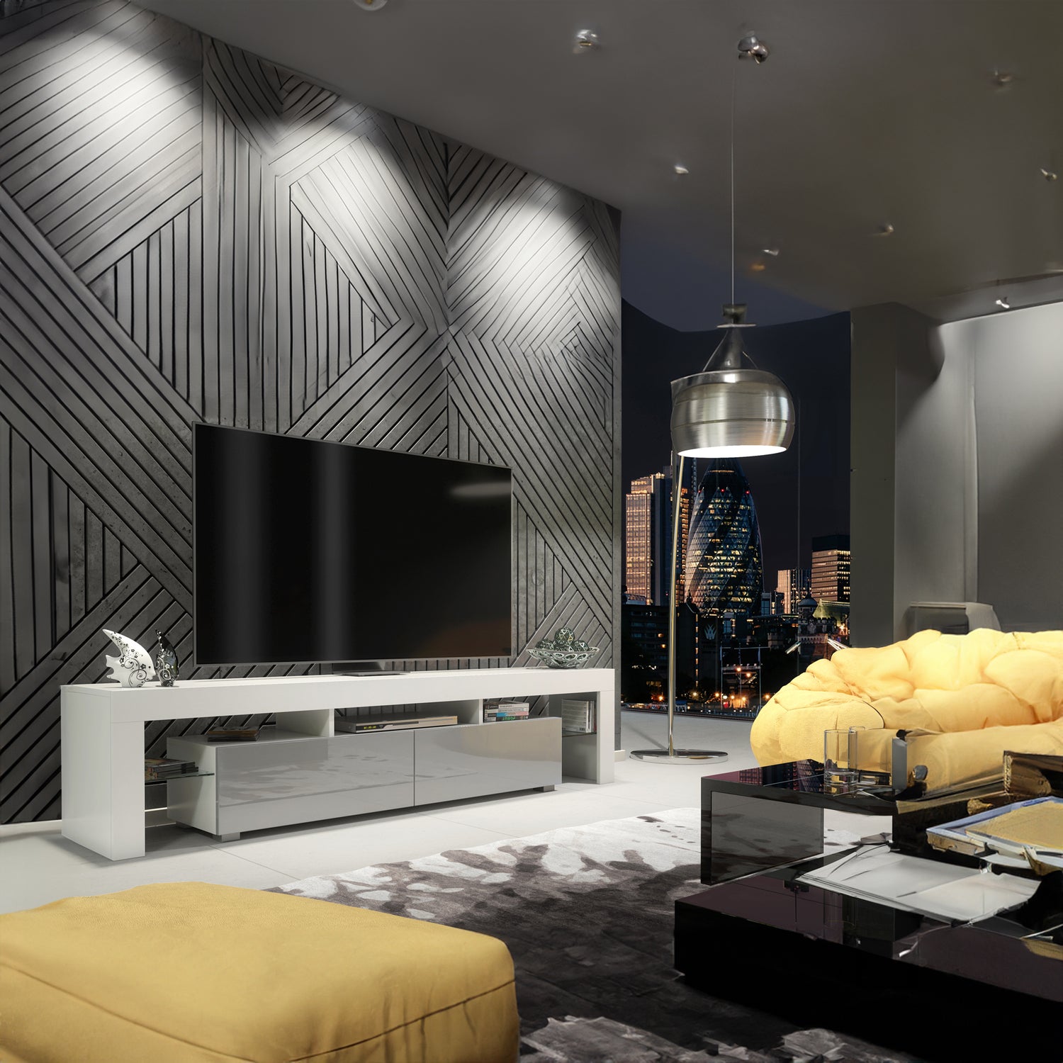 TV Stand – 200cm – High Gloss Doors – LED or Non-LED – Extra-Wide Modern Media Cabinet – LUNARO