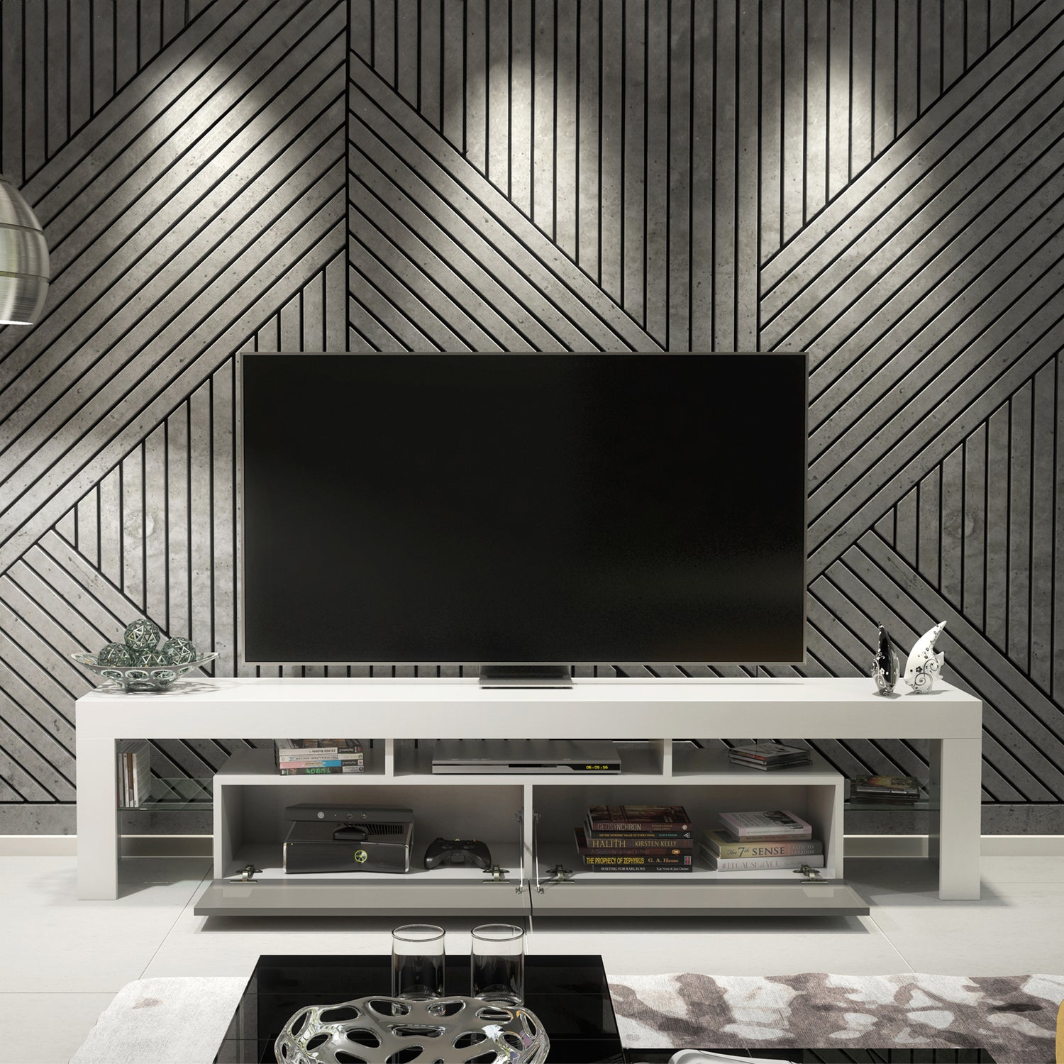 TV Stand – 200cm – High Gloss Doors – LED or Non-LED – Extra-Wide Modern Media Cabinet – LUNARO