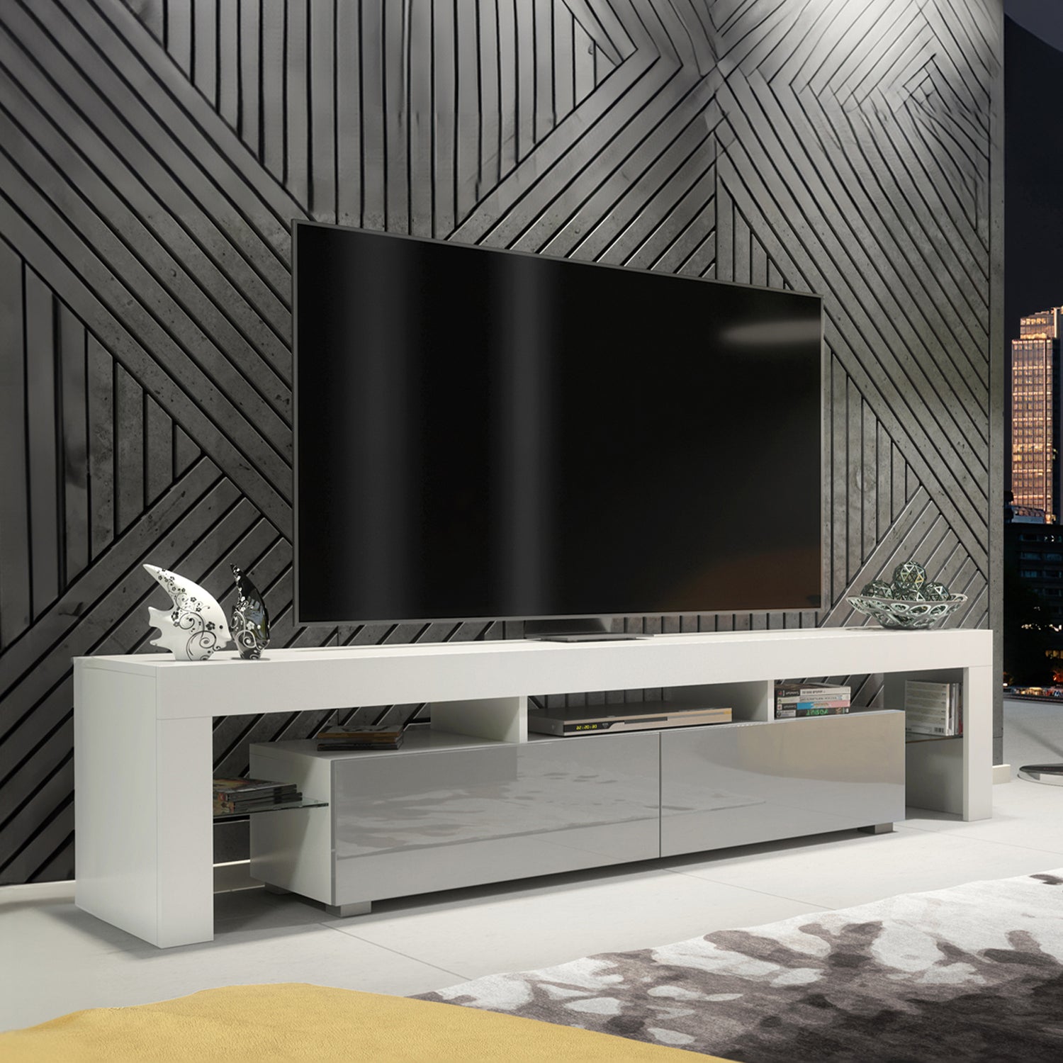 TV Stand – 200cm – High Gloss Doors – LED or Non-LED – Extra-Wide Modern Media Cabinet – LUNARO