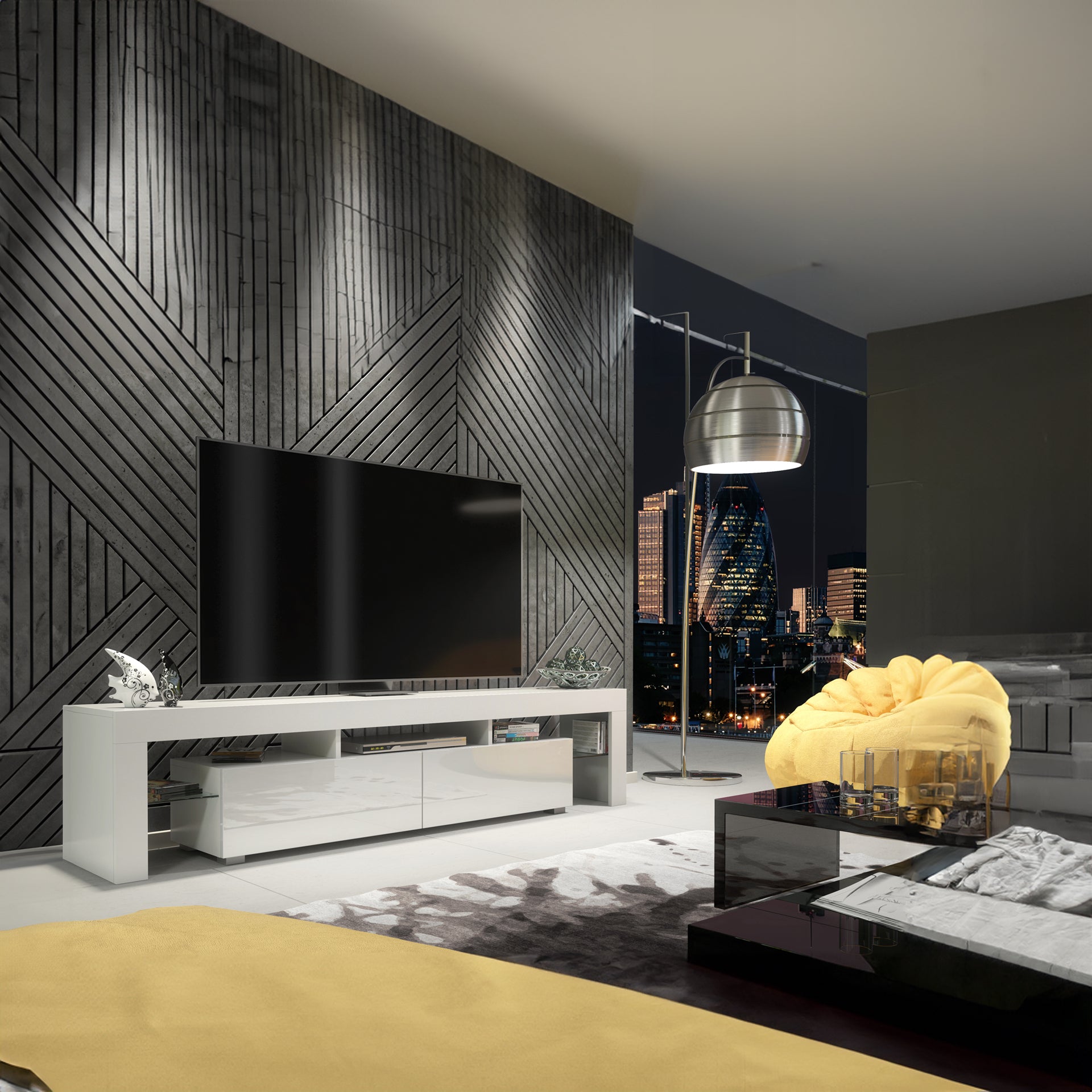 TV Stand – 200cm – High Gloss Doors – LED or Non-LED – Extra-Wide Modern Media Cabinet – LUNARO