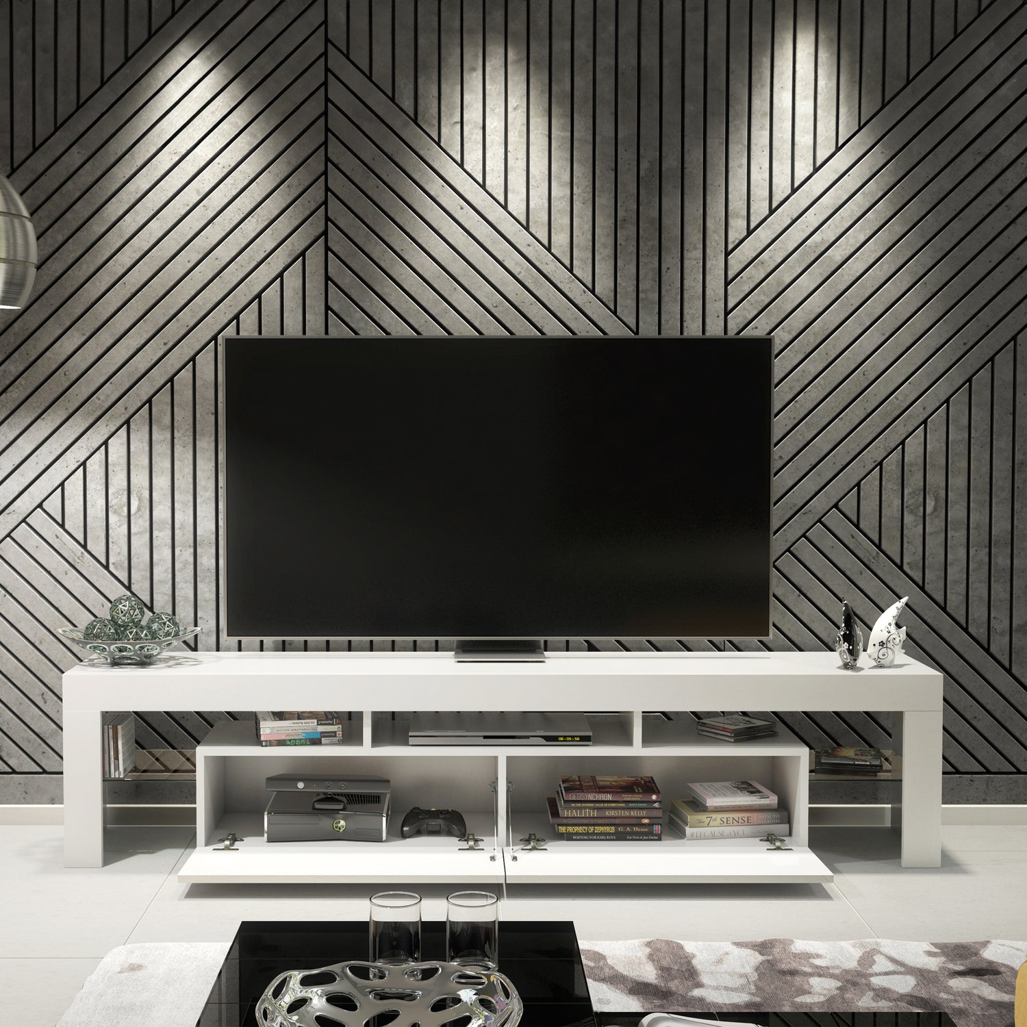 TV Stand – 200cm – High Gloss Doors – LED or Non-LED – Extra-Wide Modern Media Cabinet – LUNARO