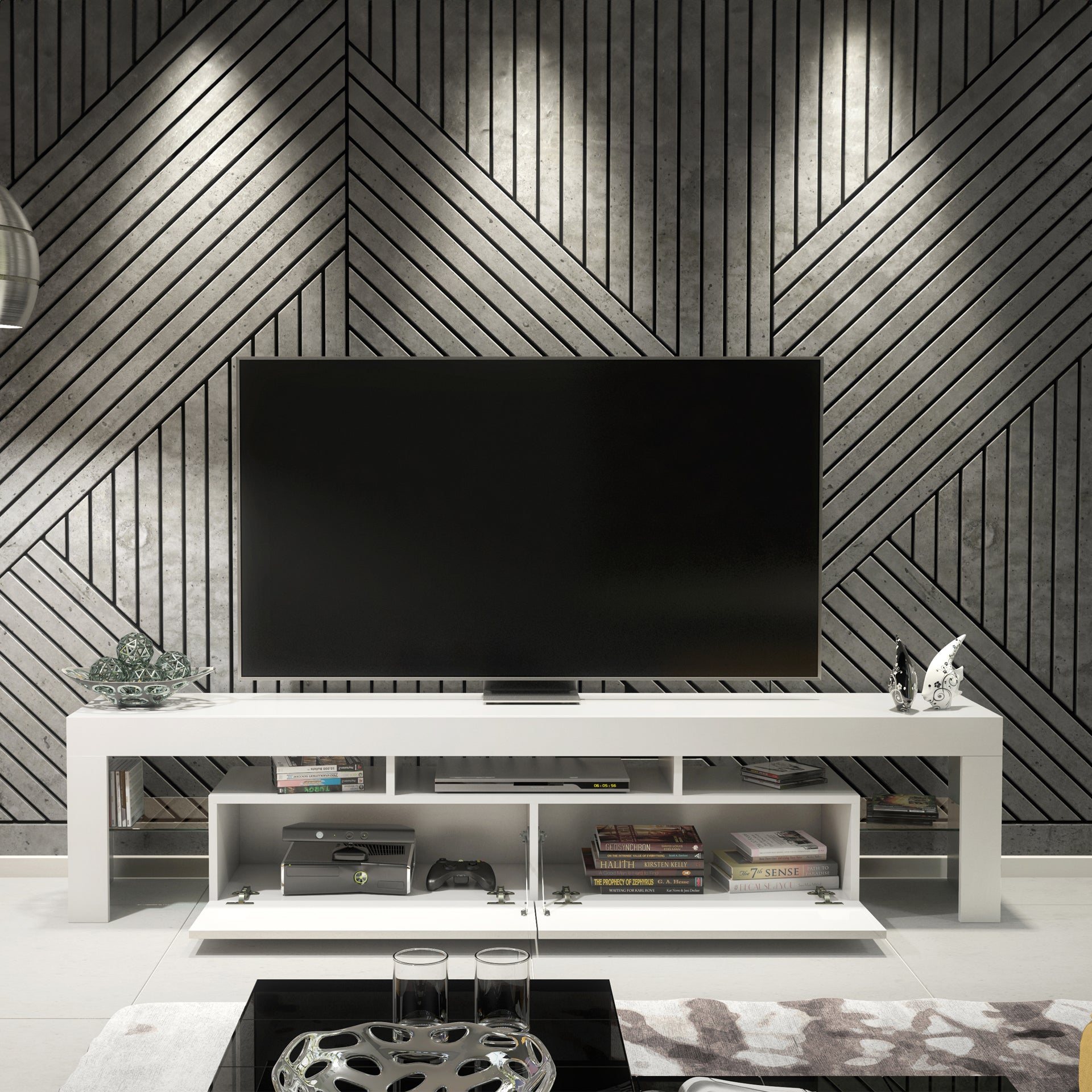 TV Stand – 200cm – High Gloss Doors – LED or Non-LED – Extra-Wide Modern Media Cabinet – LUNARO