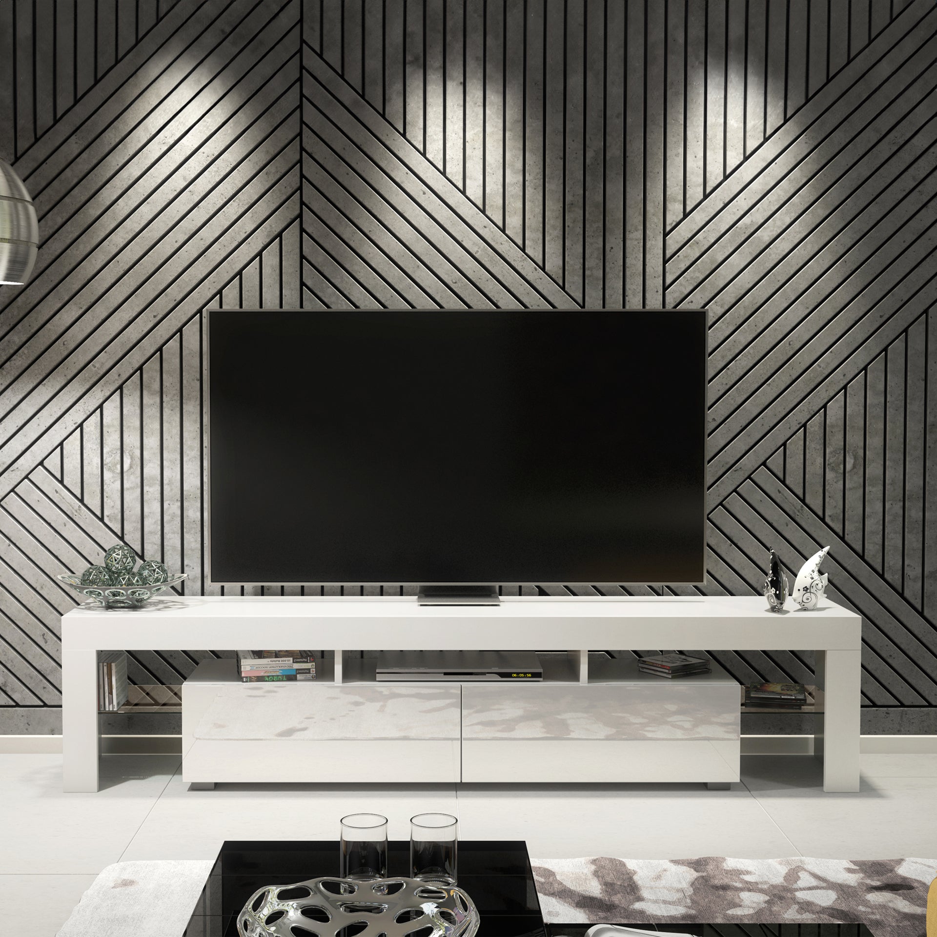 TV Stand – 200cm – High Gloss Doors – LED or Non-LED – Extra-Wide Modern Media Cabinet – LUNARO