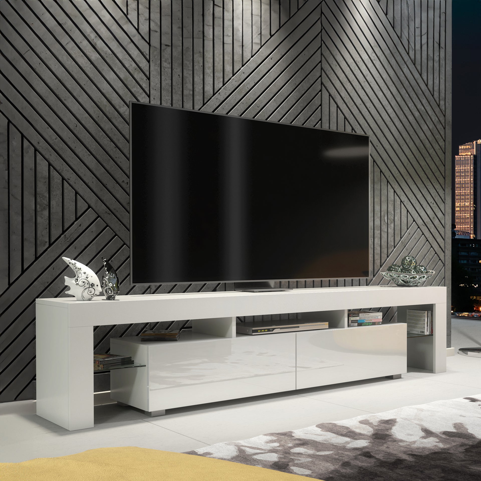 TV Stand – 200cm – High Gloss Doors – LED or Non-LED – Extra-Wide Modern Media Cabinet – LUNARO