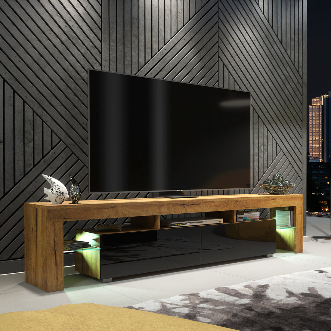 TV Stand – 200cm – High Gloss Doors – LED or Non-LED – Extra-Wide Modern Media Cabinet – LUNARO