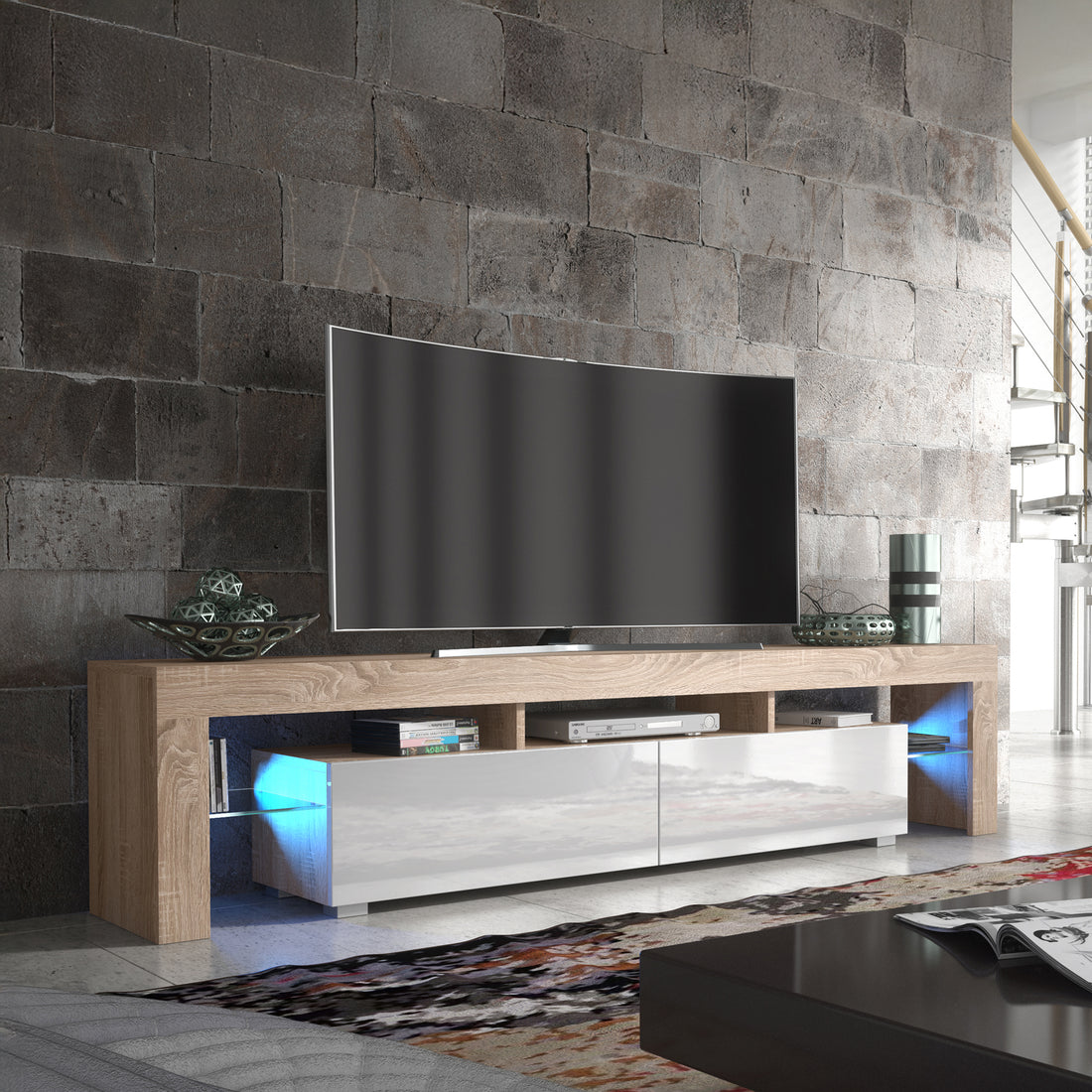 TV Stand – 200cm – High Gloss Doors – LED or Non-LED – Extra-Wide Modern Media Cabinet – LUNARO