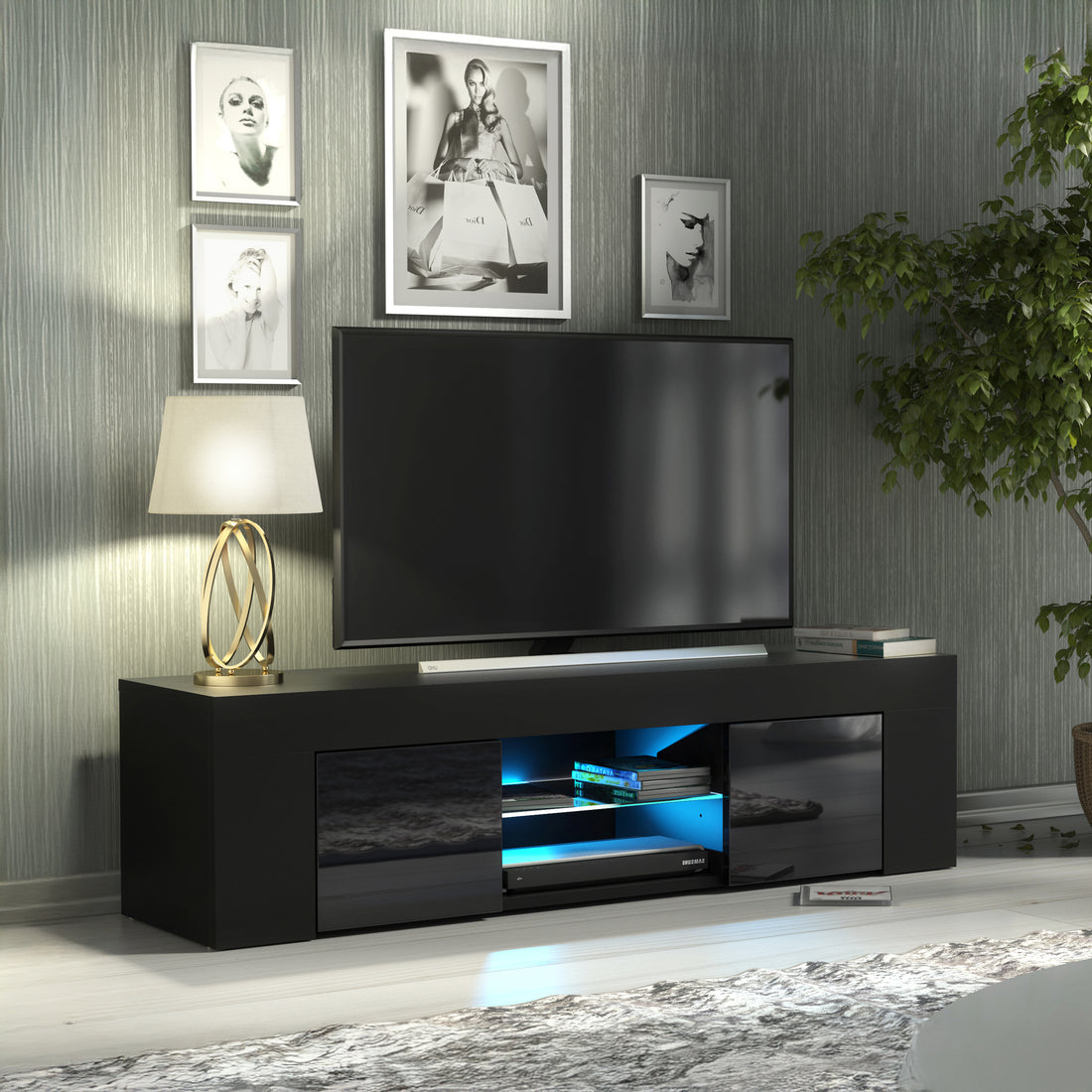 TV Stand – 130cm – High Gloss Doors – LED or Non-LED – Modern Media Cabinet  – LUNARO