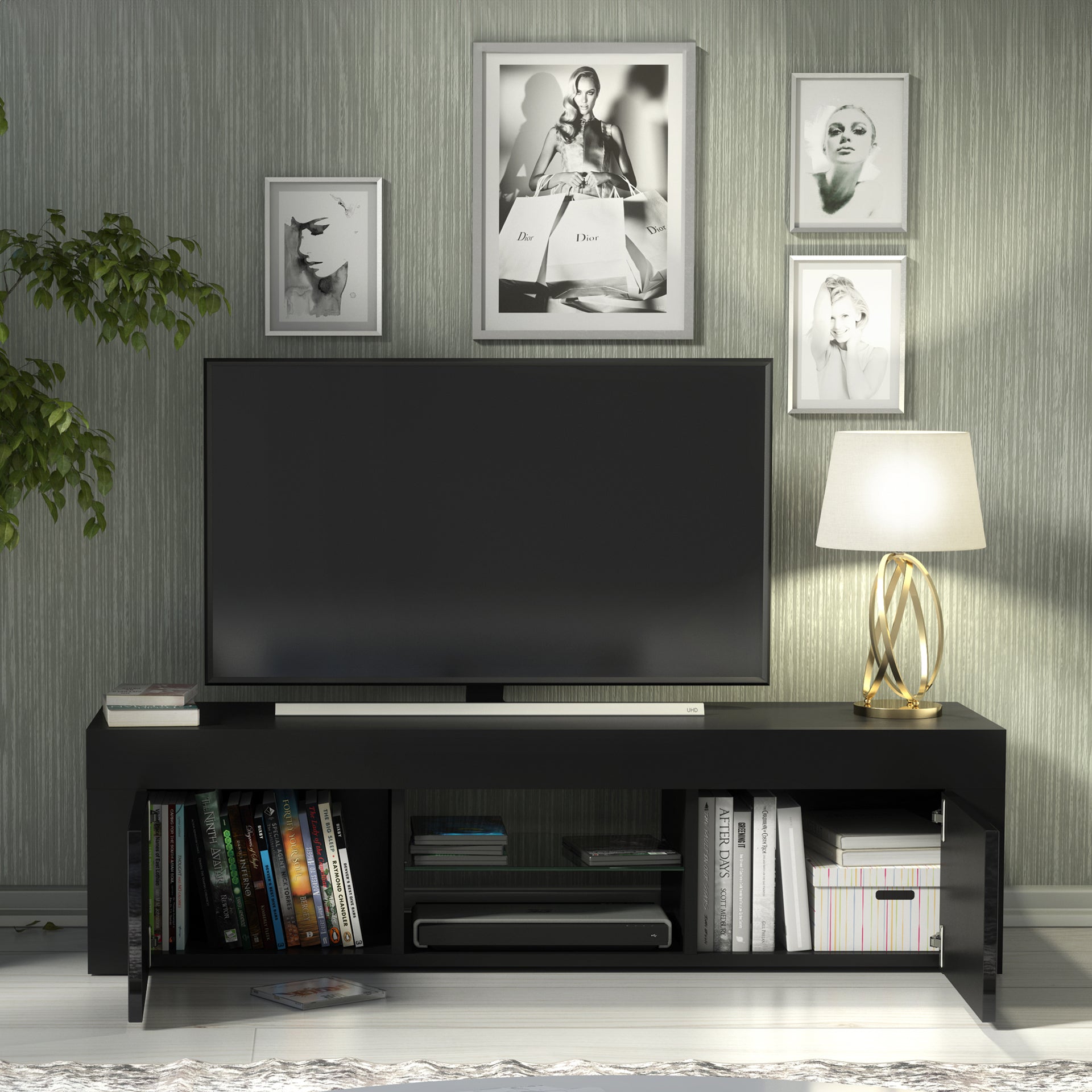 TV Stand – 130cm – High Gloss Doors – LED or Non-LED – Modern Media Cabinet  – LUNARO