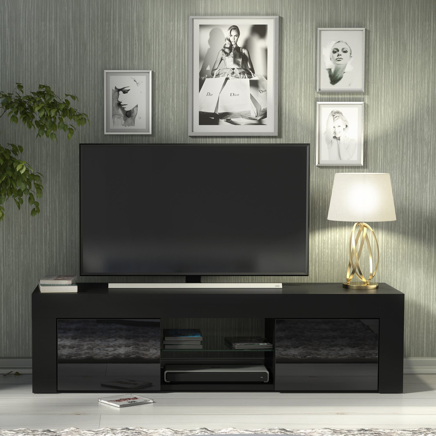 TV Stand – 130cm – High Gloss Doors – LED or Non-LED – Modern Media Cabinet  – LUNARO