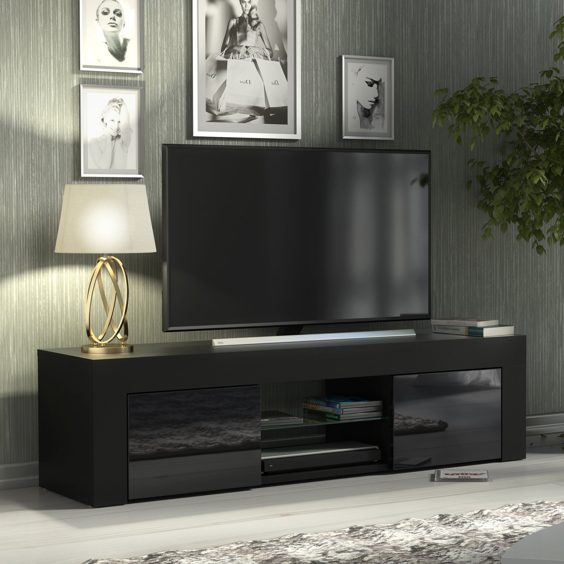 TV Stand – 130cm – High Gloss Doors – LED or Non-LED – Modern Media Cabinet  – LUNARO