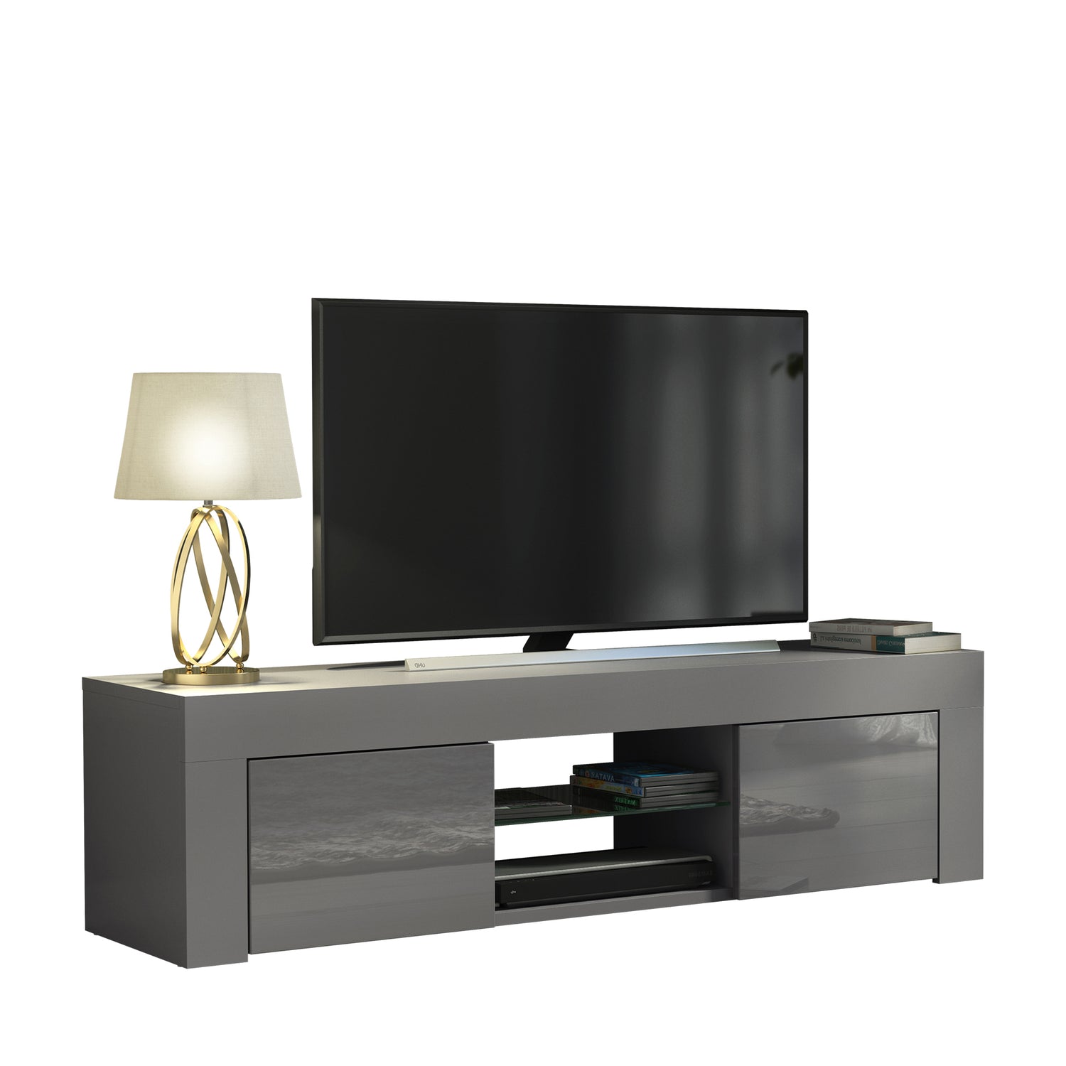 TV Stand – 130cm – High Gloss Doors – LED or Non-LED – Modern Media Cabinet  – LUNARO