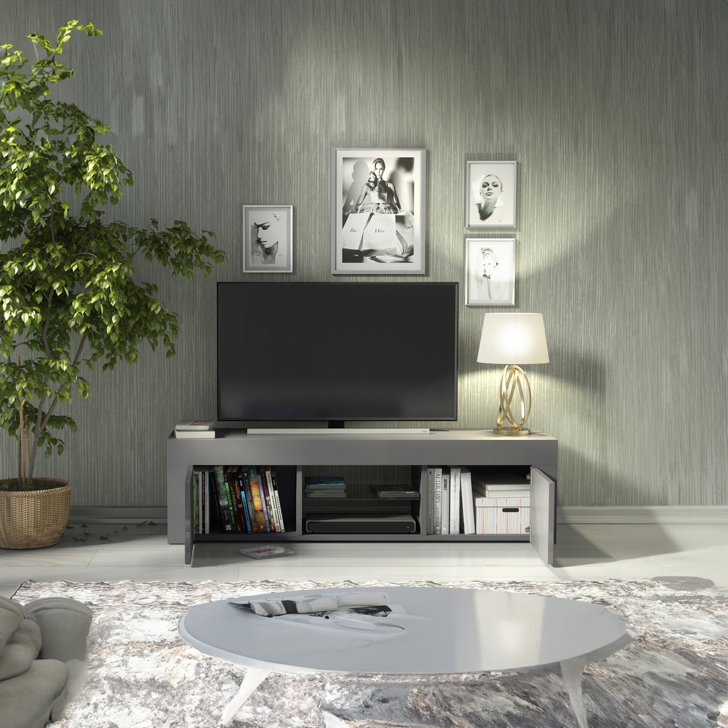 TV Stand – 130cm – High Gloss Doors – LED or Non-LED – Modern Media Cabinet  – LUNARO