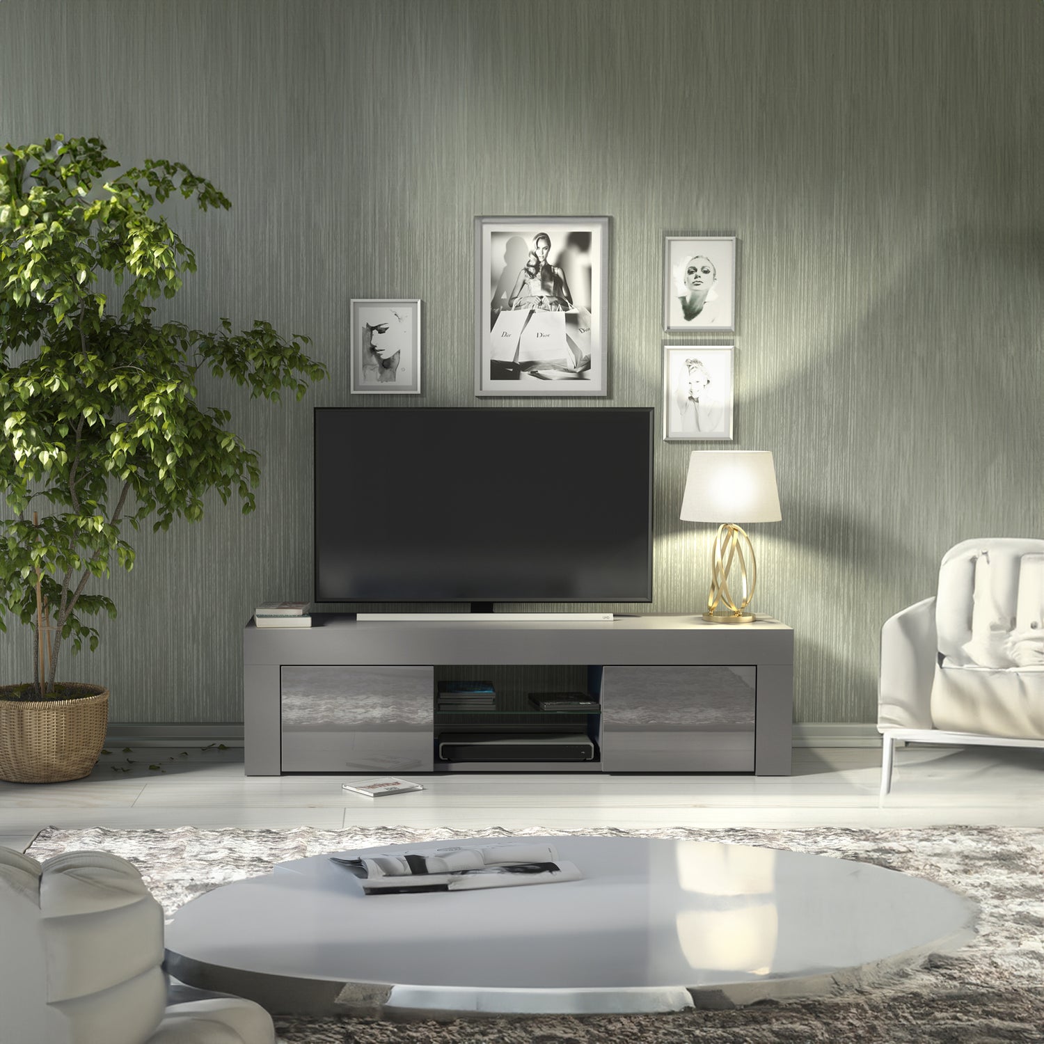 TV Stand – 130cm – High Gloss Doors – LED or Non-LED – Modern Media Cabinet  – LUNARO