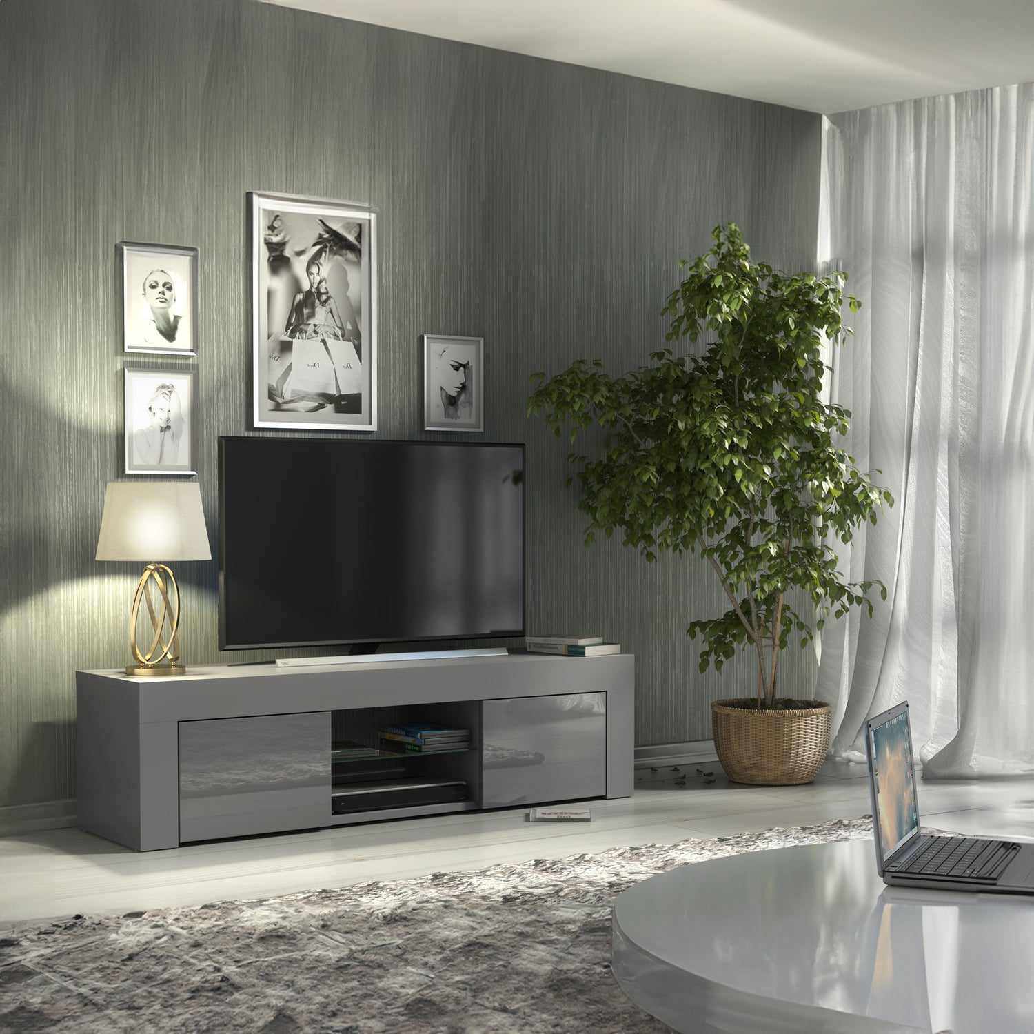 TV Stand – 130cm – High Gloss Doors – LED or Non-LED – Modern Media Cabinet  – LUNARO