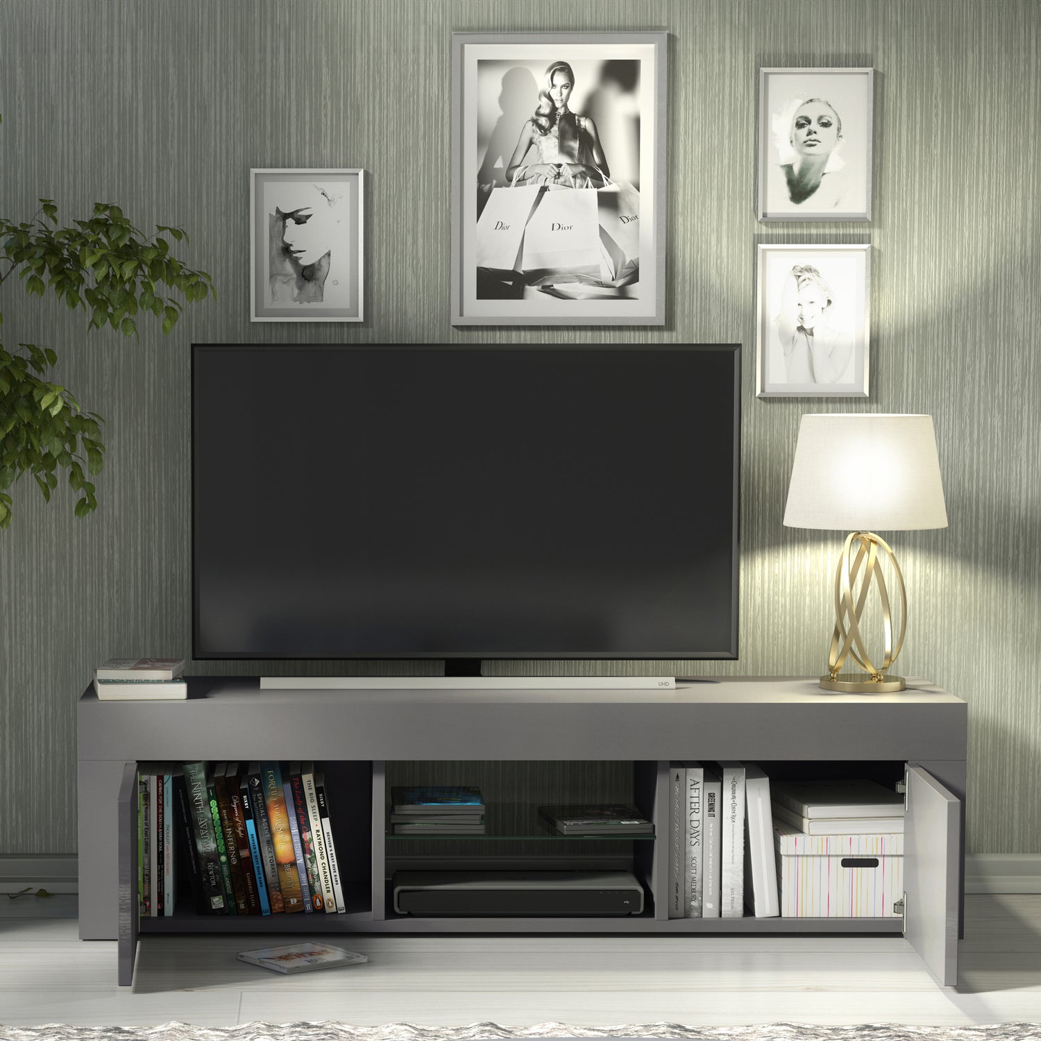 TV Stand – 130cm – High Gloss Doors – LED or Non-LED – Modern Media Cabinet  – LUNARO