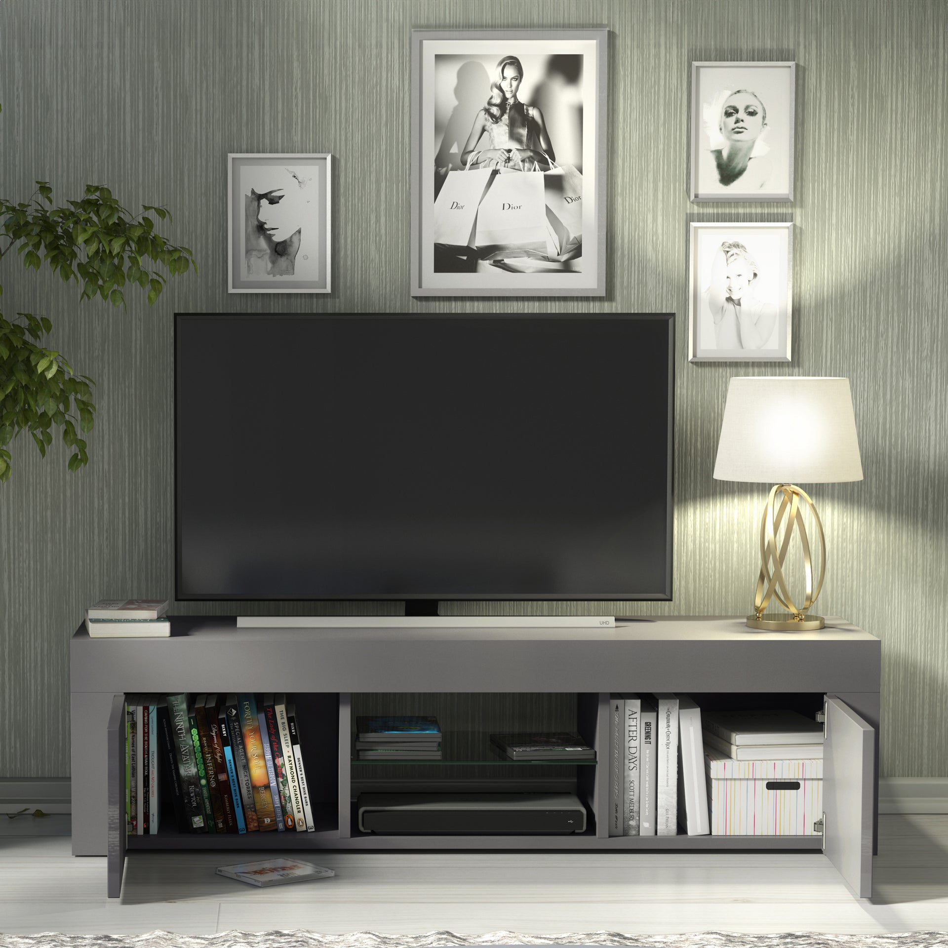 TV Stand – 130cm – High Gloss Doors – LED or Non-LED – Modern Media Cabinet  – LUNARO