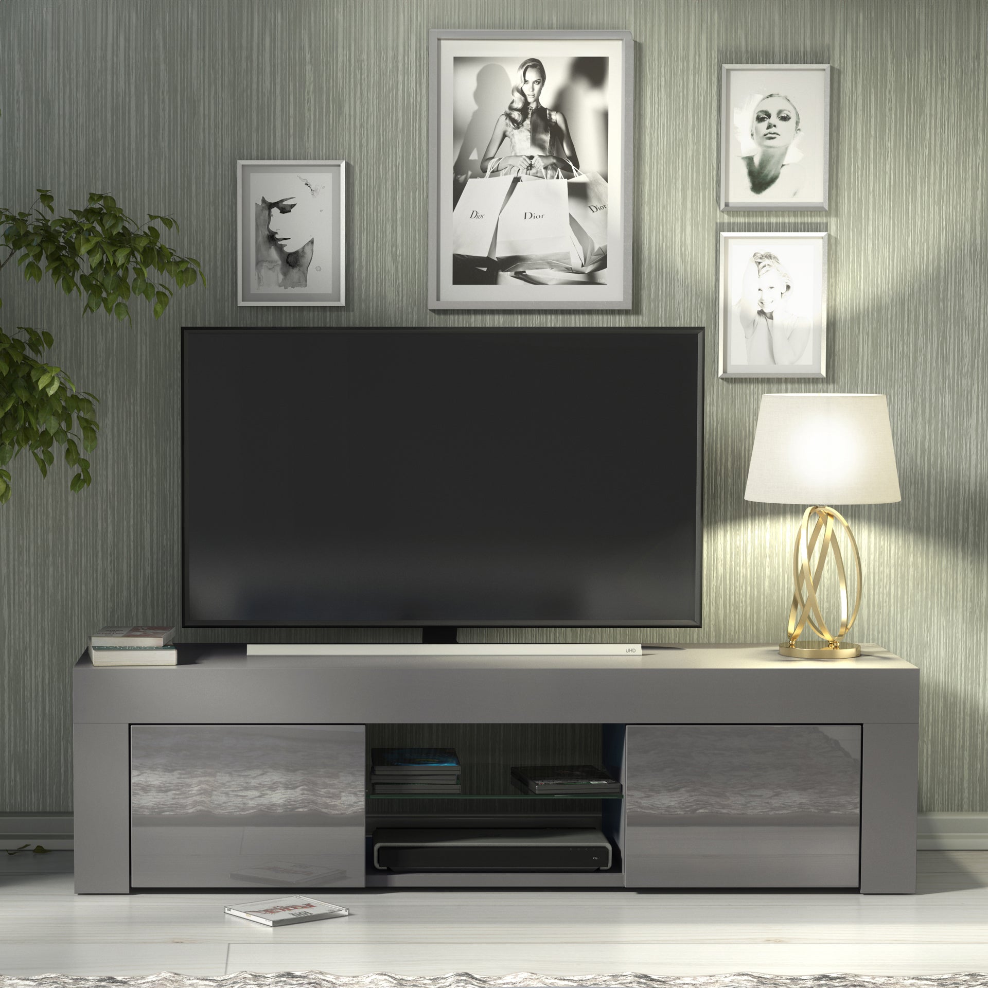TV Stand – 130cm – High Gloss Doors – LED or Non-LED – Modern Media Cabinet  – LUNARO