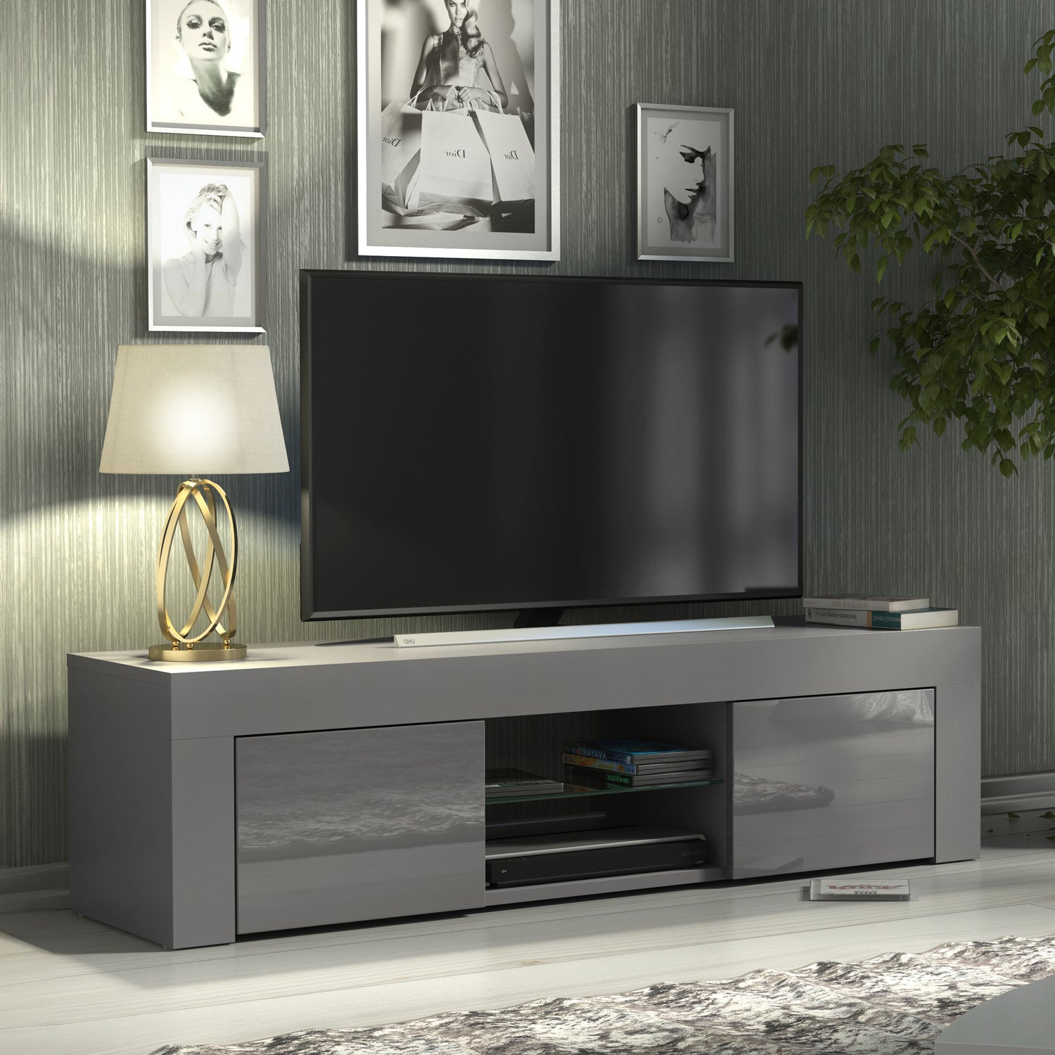 TV Stand – 130cm – High Gloss Doors – LED or Non-LED – Modern Media Cabinet  – LUNARO