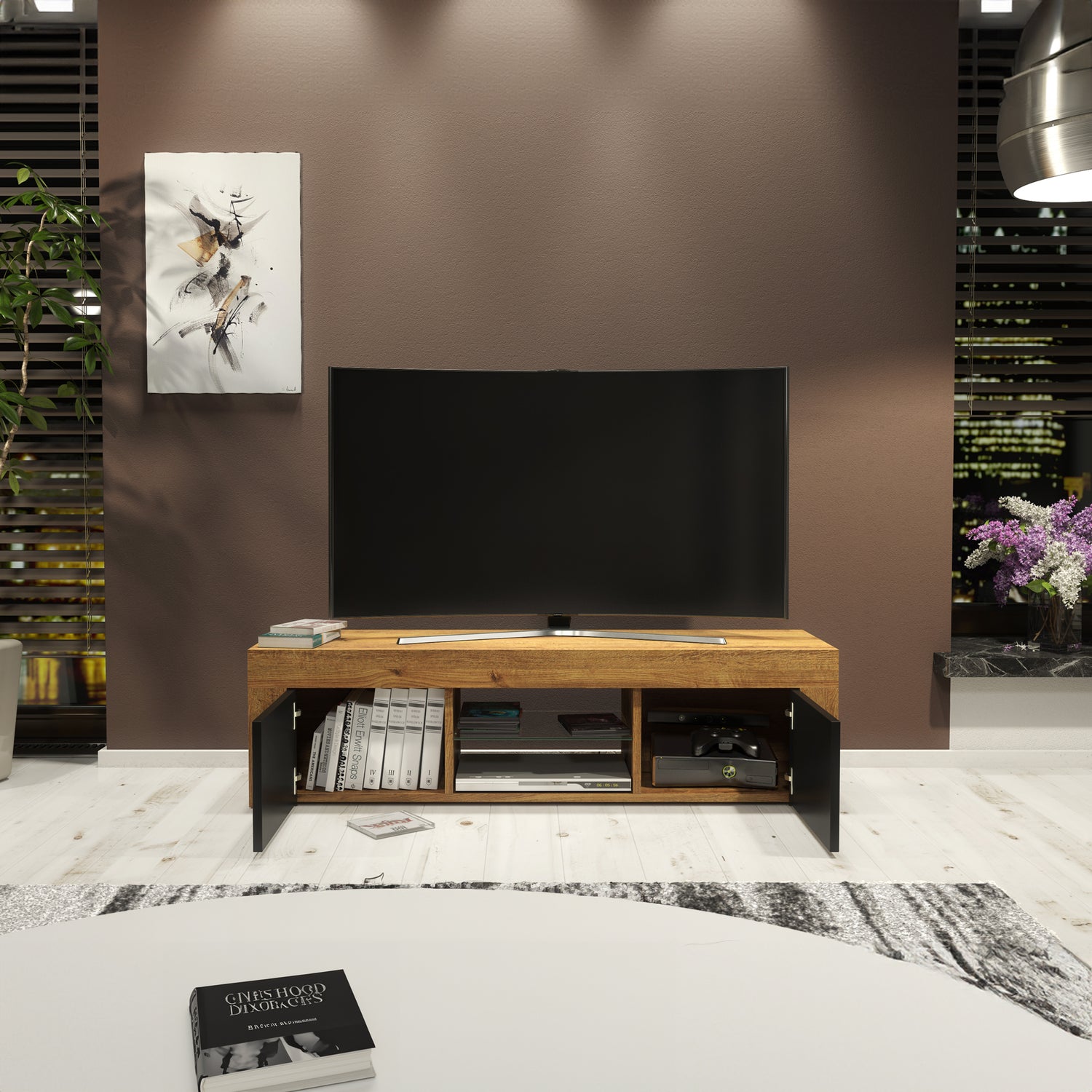 TV Stand – 130cm – High Gloss Doors – LED or Non-LED – Modern Media Cabinet  – LUNARO