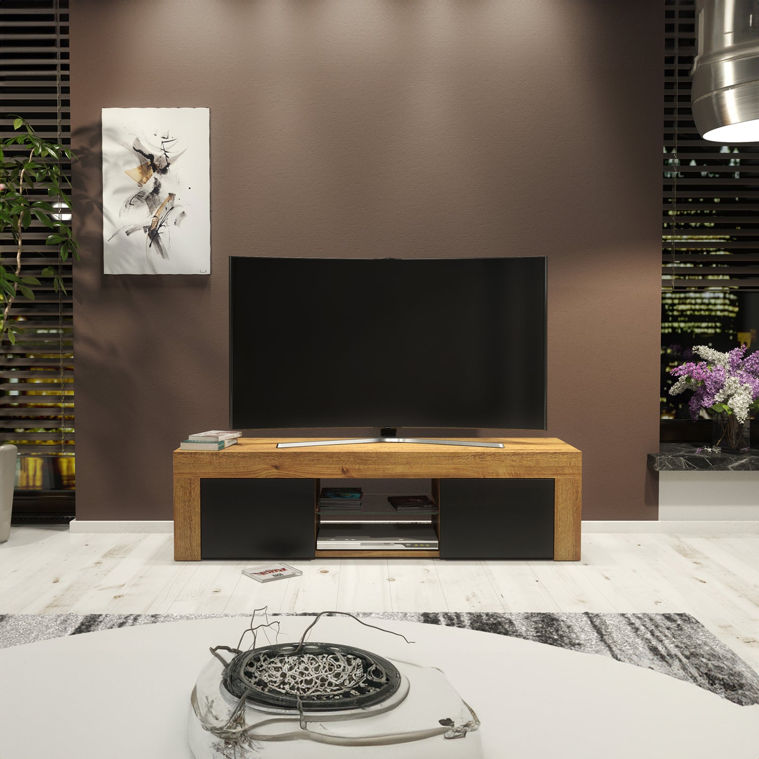 TV Stand – 130cm – High Gloss Doors – LED or Non-LED – Modern Media Cabinet  – LUNARO