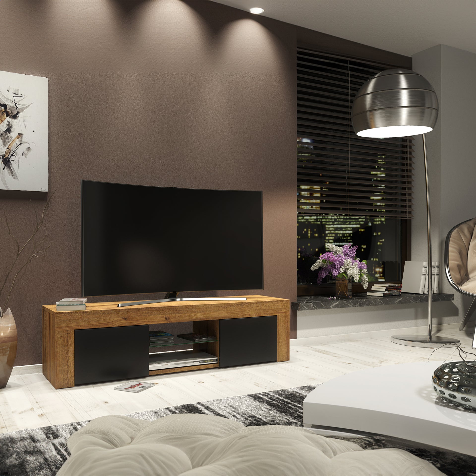 TV Stand – 130cm – High Gloss Doors – LED or Non-LED – Modern Media Cabinet  – LUNARO