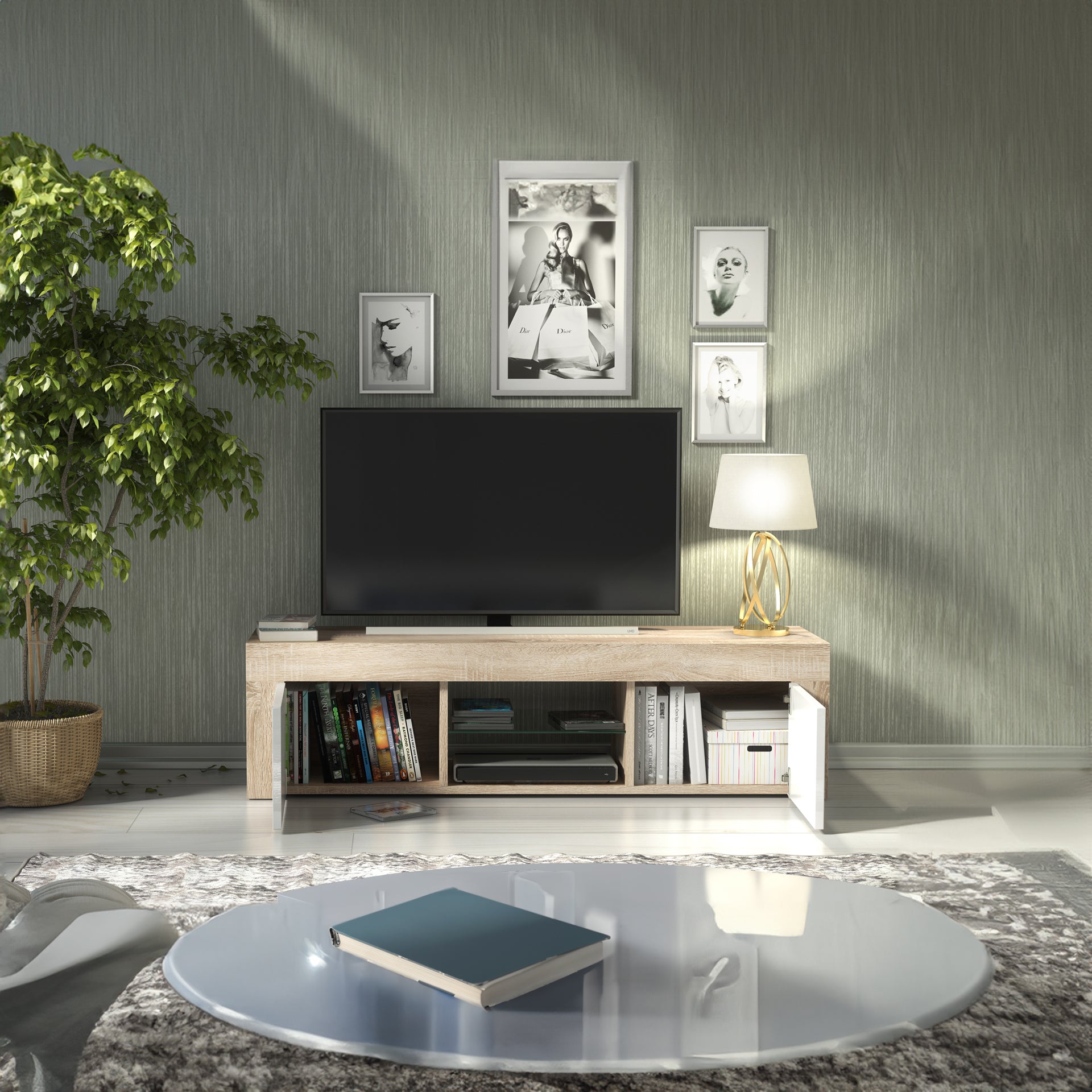 TV Stand – 130cm – High Gloss Doors – LED or Non-LED – Modern Media Cabinet  – LUNARO